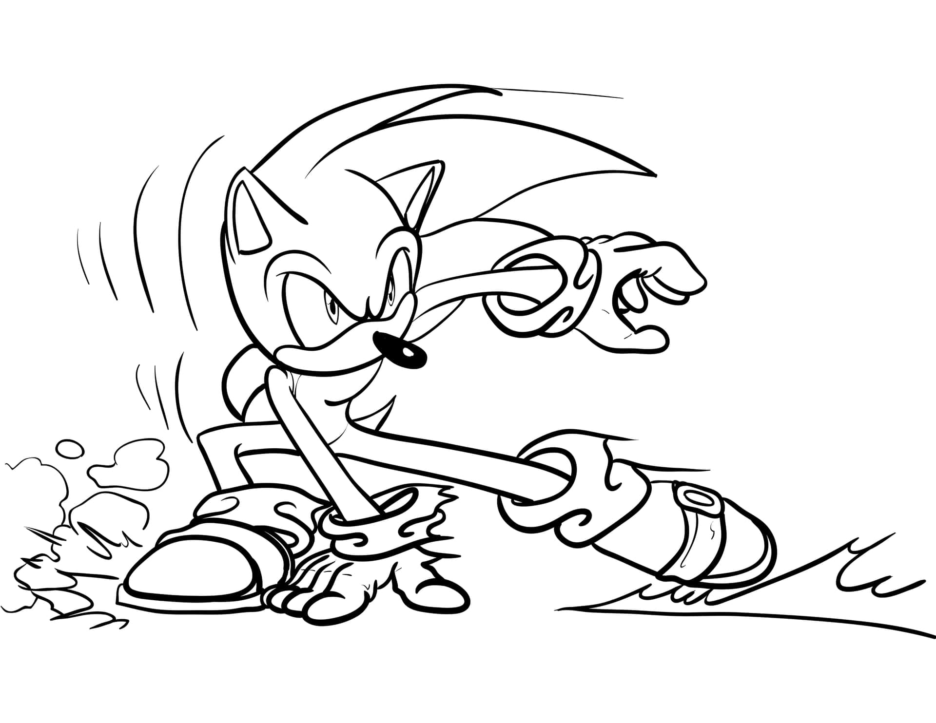Sonic the Hedgehog 喺黑白線條藝術中快速奔跑，帶有運動線條同速度效果。