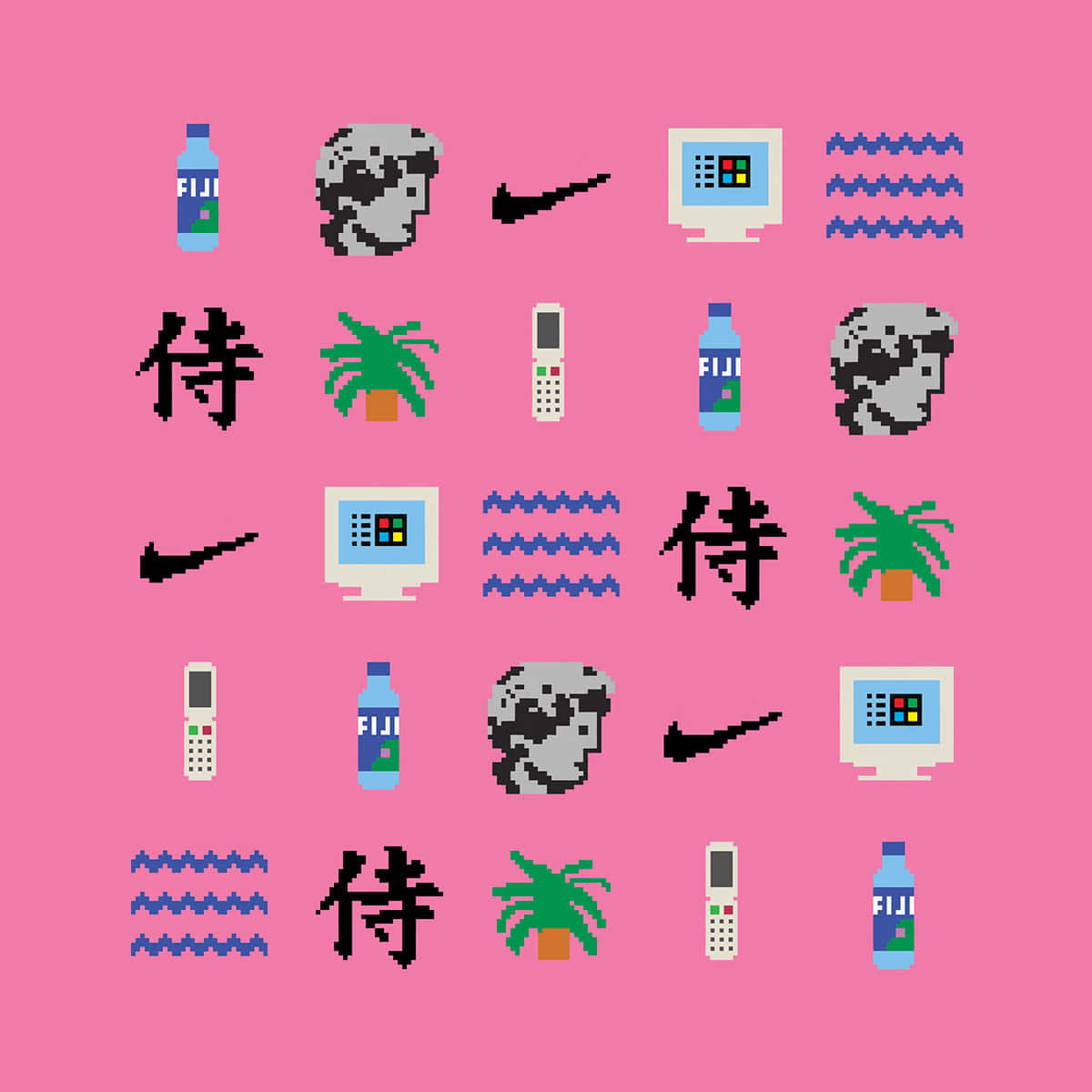 粉紅色背景上的像素藝術網格，包含復古圖標，如斐濟水、Nike 標誌和古代頭像。