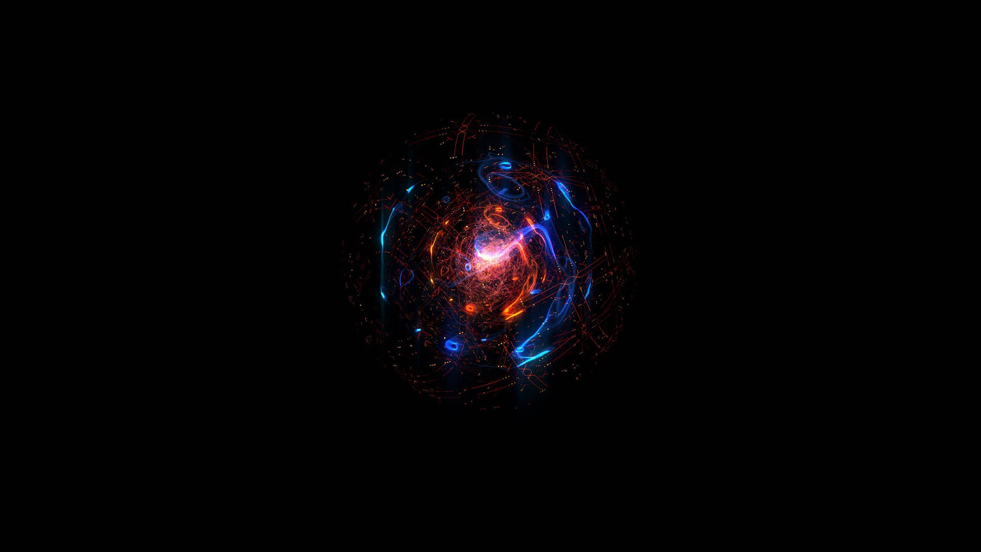 一個充滿活力的宇宙球體，在黑色虛空中旋轉著藍色和橙色的能量。