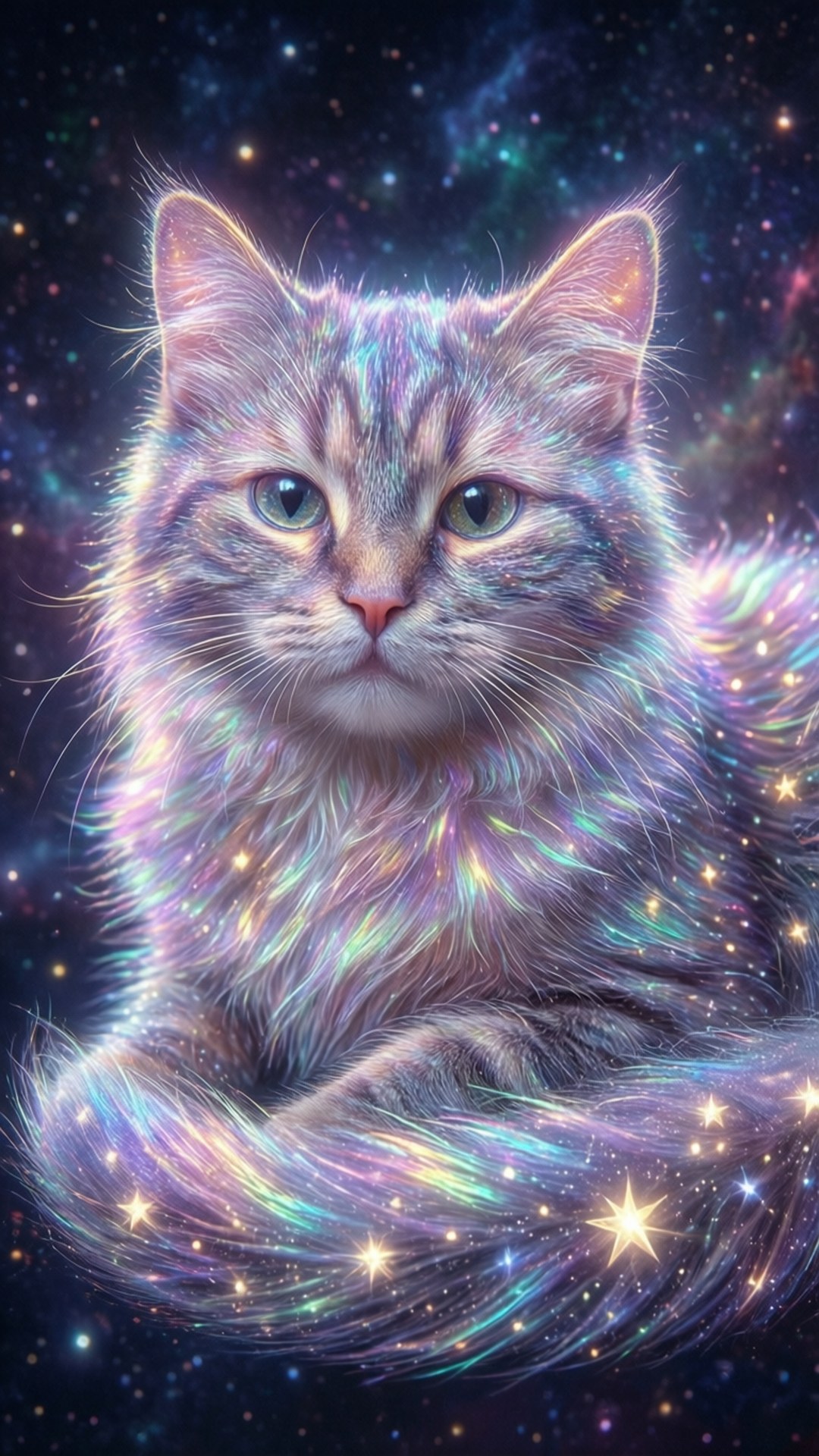 一隻擁有發光毛髮和星星眼睛的貓，背景是充滿星星和星系的宇宙星雲