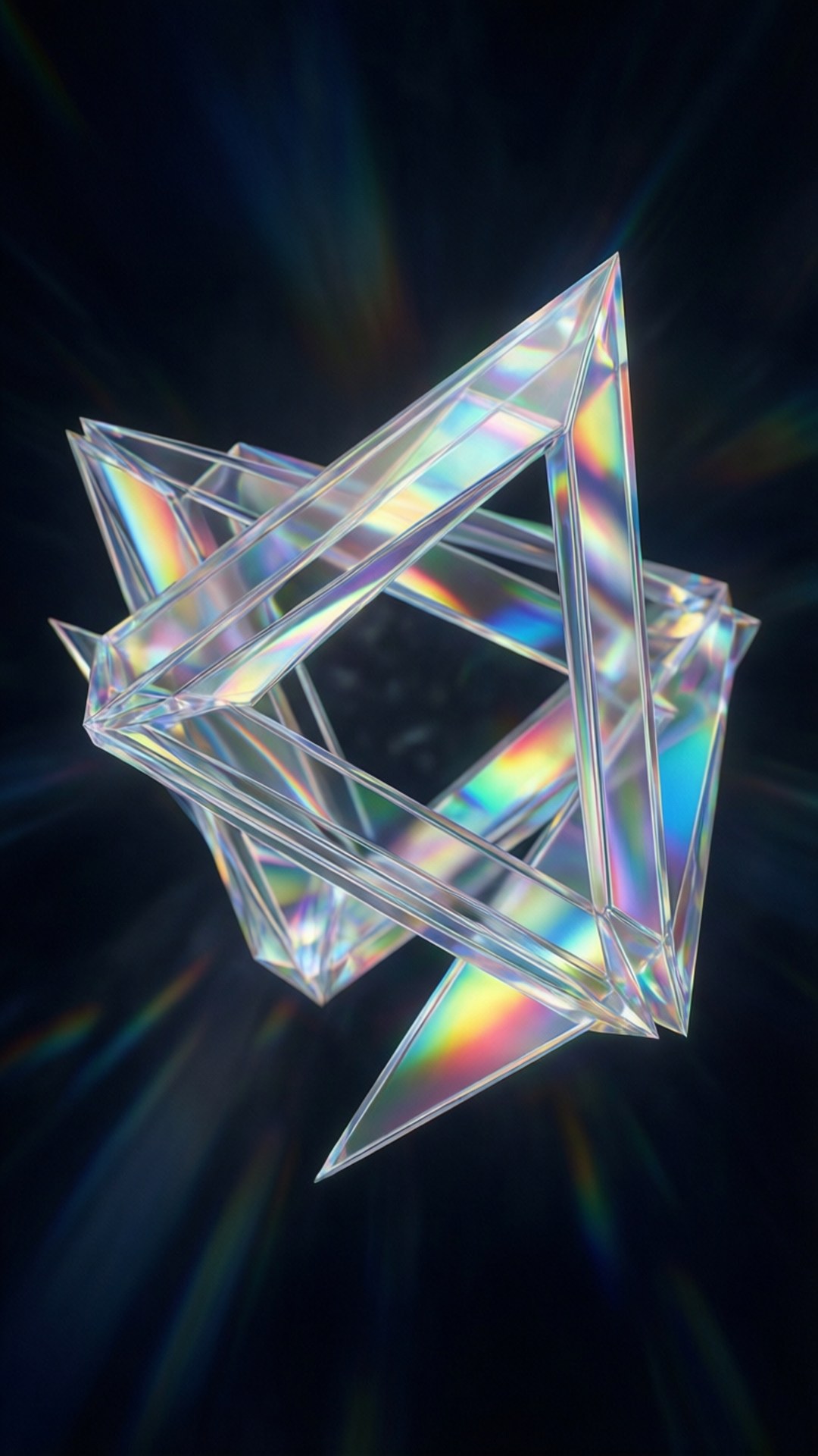 一個發光的幾何星形雕塑，帶有彩虹反射，在黑暗發光的背景上