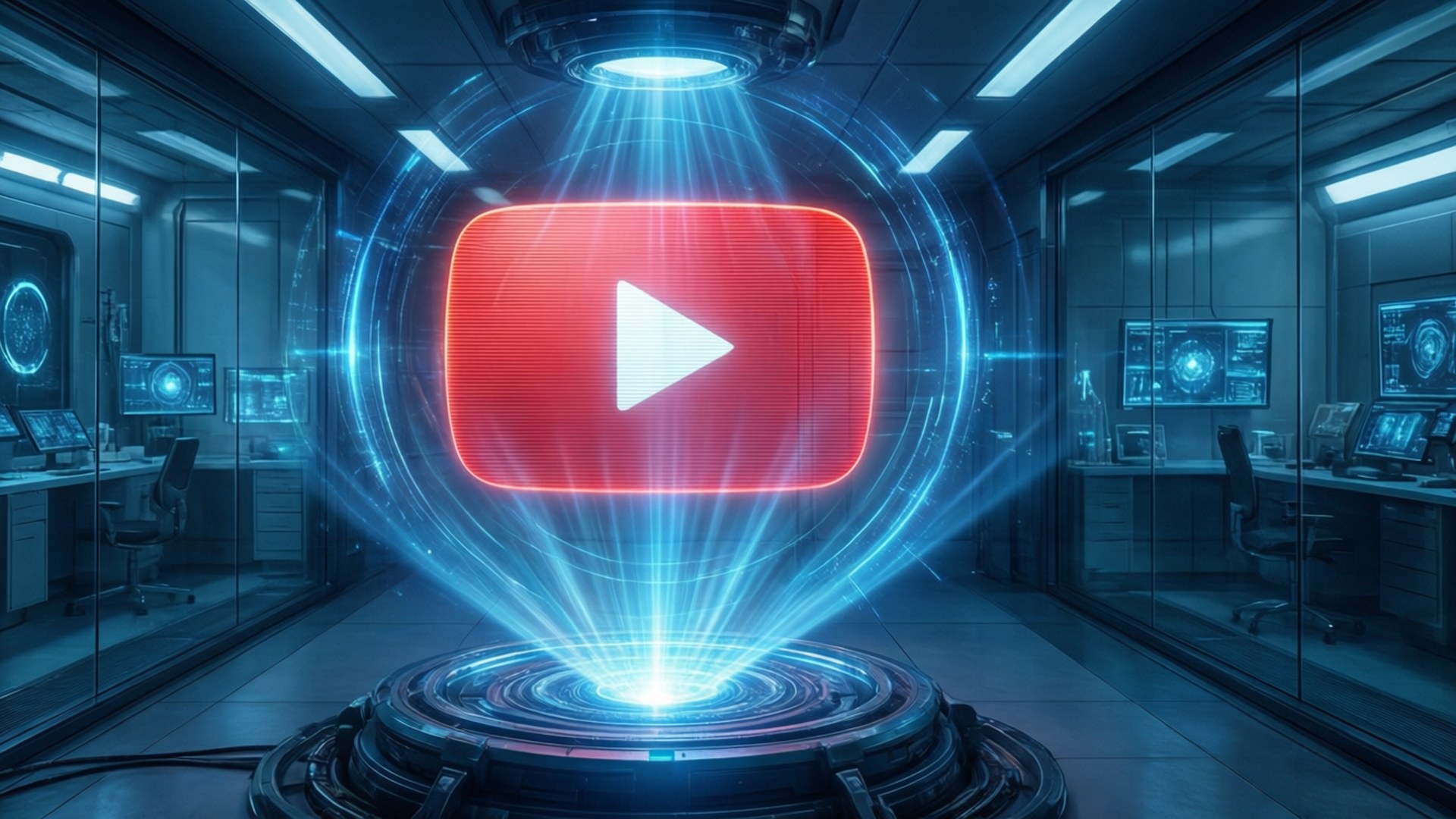 全息投影 壁紙 — 一個發光的紅色YouTube播放按鈕懸浮在一個未來主義的實驗室中，配有藍色能量光束和玻璃牆的工作站。