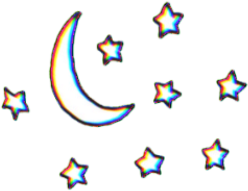 全息月與星 壁紙 — 發光的彎月與星星帶有彩虹光暈，漂浮在黑色背景上。