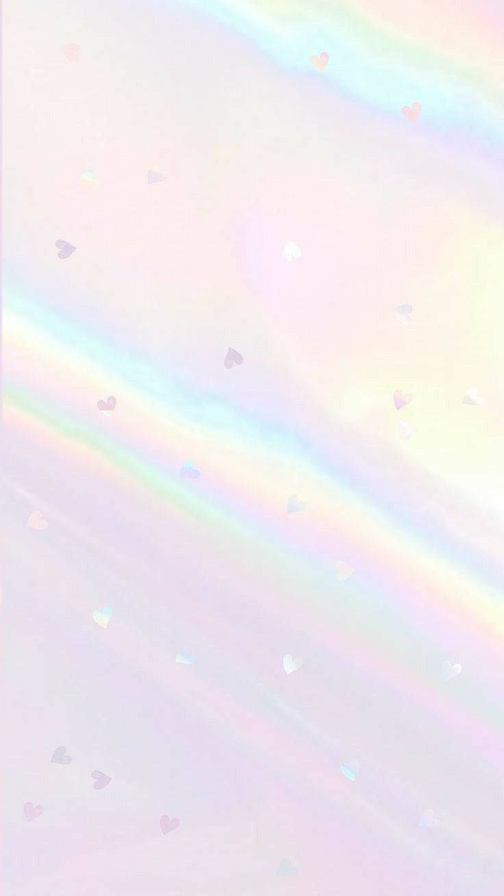 全息淡雅風 壁紙 — 柔和粉彩彩虹漸變，散落的小心形營造出夢幻奇妙的背景。