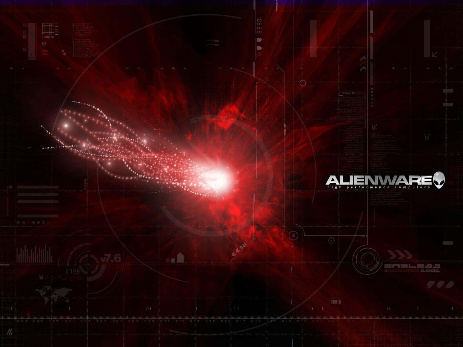 帶有紅色能量爆發和數位疊加的Alienware遊戲介面。