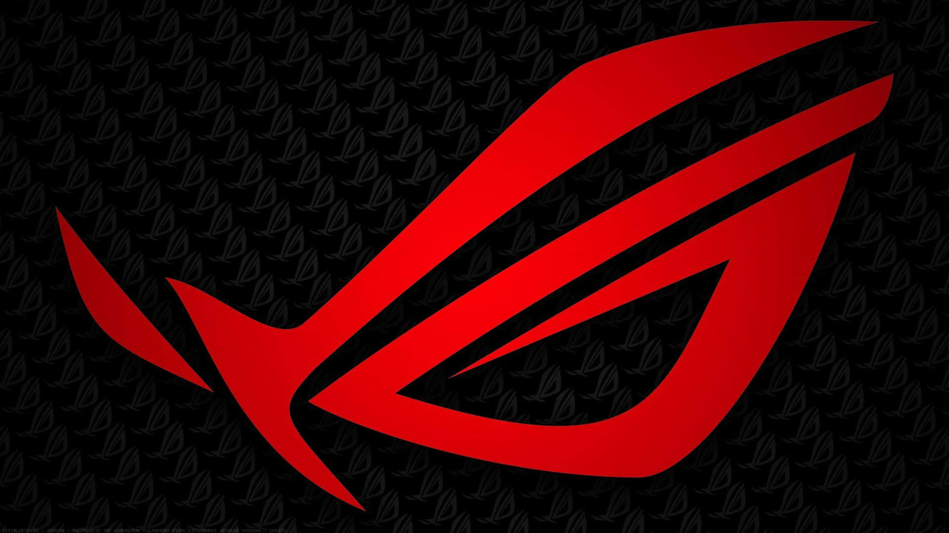 全新 ASUS ROG：打造遊戲卓越的完美選擇 壁紙 — 一個大膽的紅色ROG眼睛標誌在黑色碳纖維紋理背景上發光。
