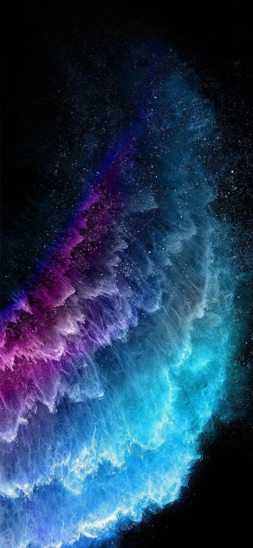 宇宙星雲，在星光點點的黑色背景上有藍色和紫色的雲層。