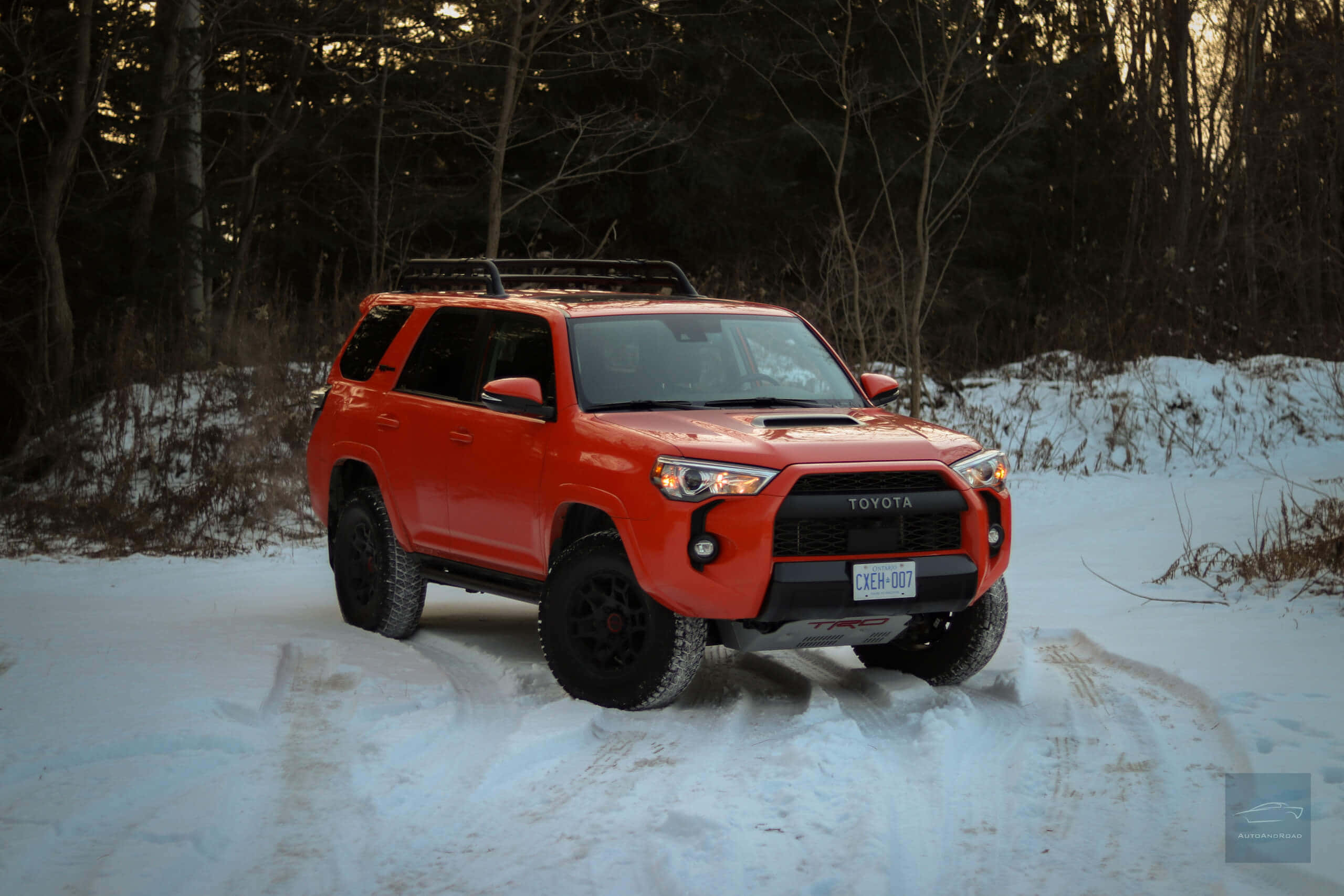全新2023款Toyota 4Runner：堅固、越野專用、重新設計以提升舒適與動力 壁紙 — 一輛鮮橙色的豐田 4Runner TRD 在黃昏時分行駛於積雪的森林小徑，背景是光禿的樹木。