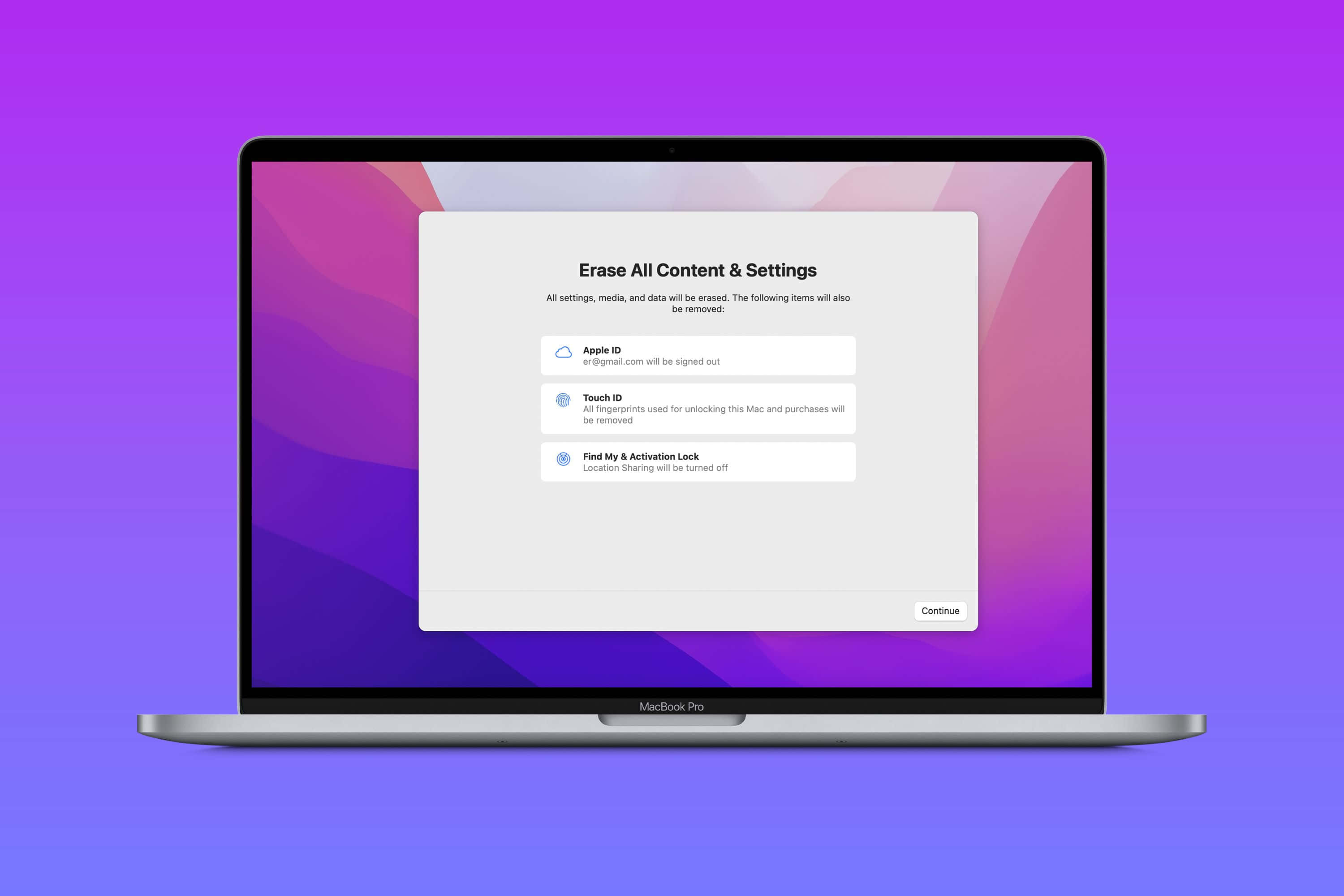 全新MacBook Air靜靜擺放於鮮豔花朵旁 壁紙 — MacBook Pro 在充滿活力的紫色漸變背景上顯示「清除所有內容及設定」對話框。