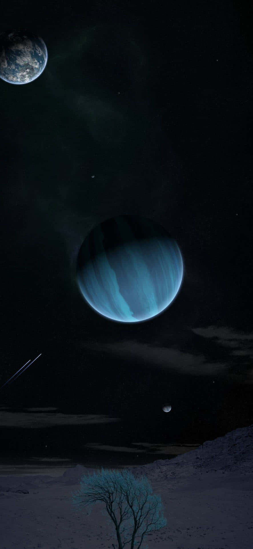 一顆外星行星上，一棵孤獨的樹在藍色氣體巨星和地球之下。
