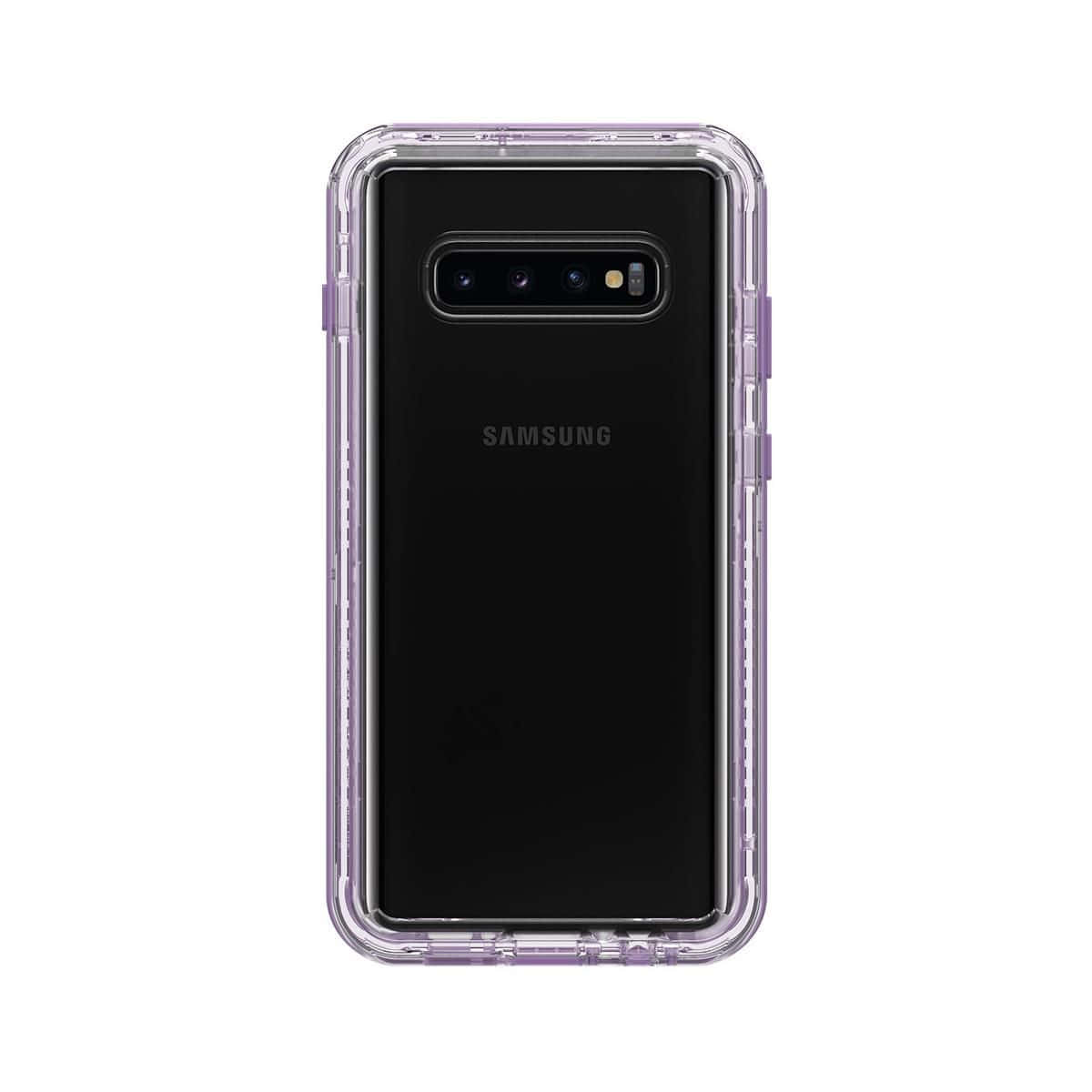 黑色Samsung手機放在紫色保護殼中。