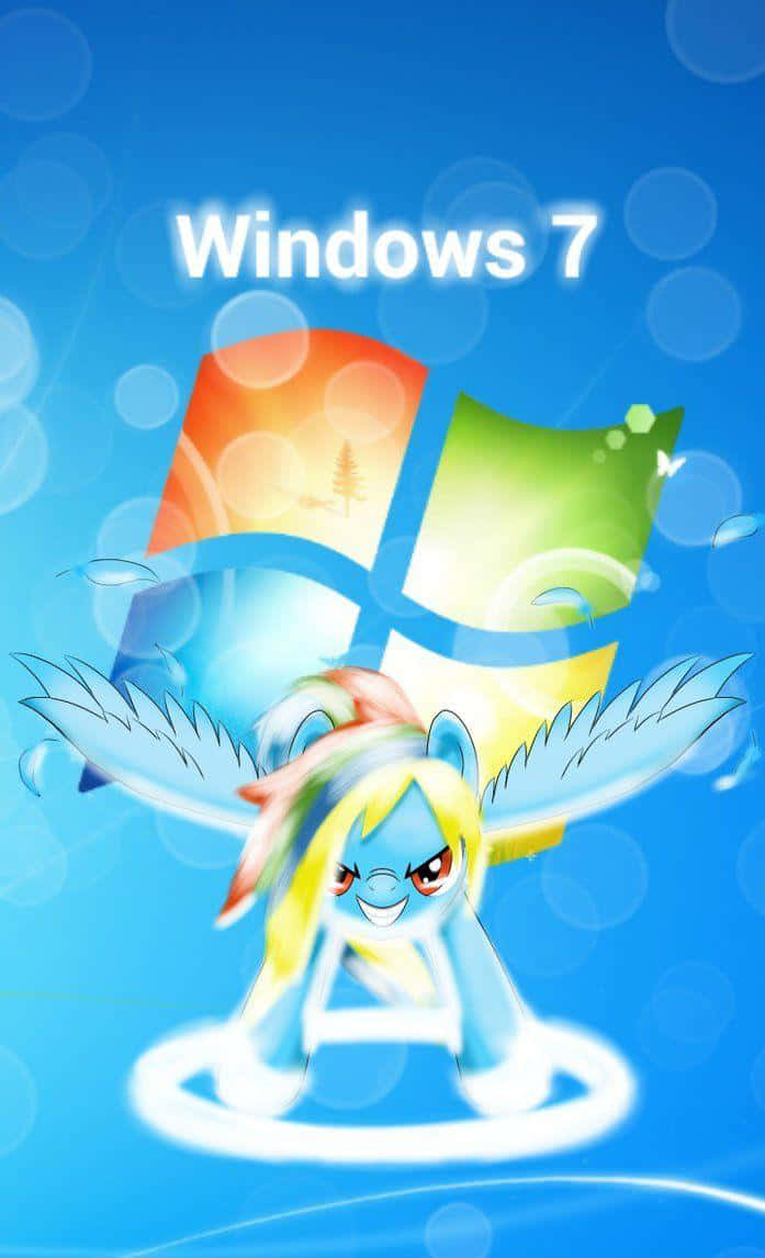一隻有翼的卡通小馬在藍色背景上的Windows 7標誌前。