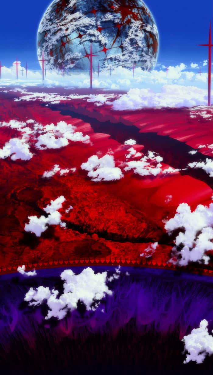 一個紅色外星世界，天空中有白色雲朵和一個破裂的行星。