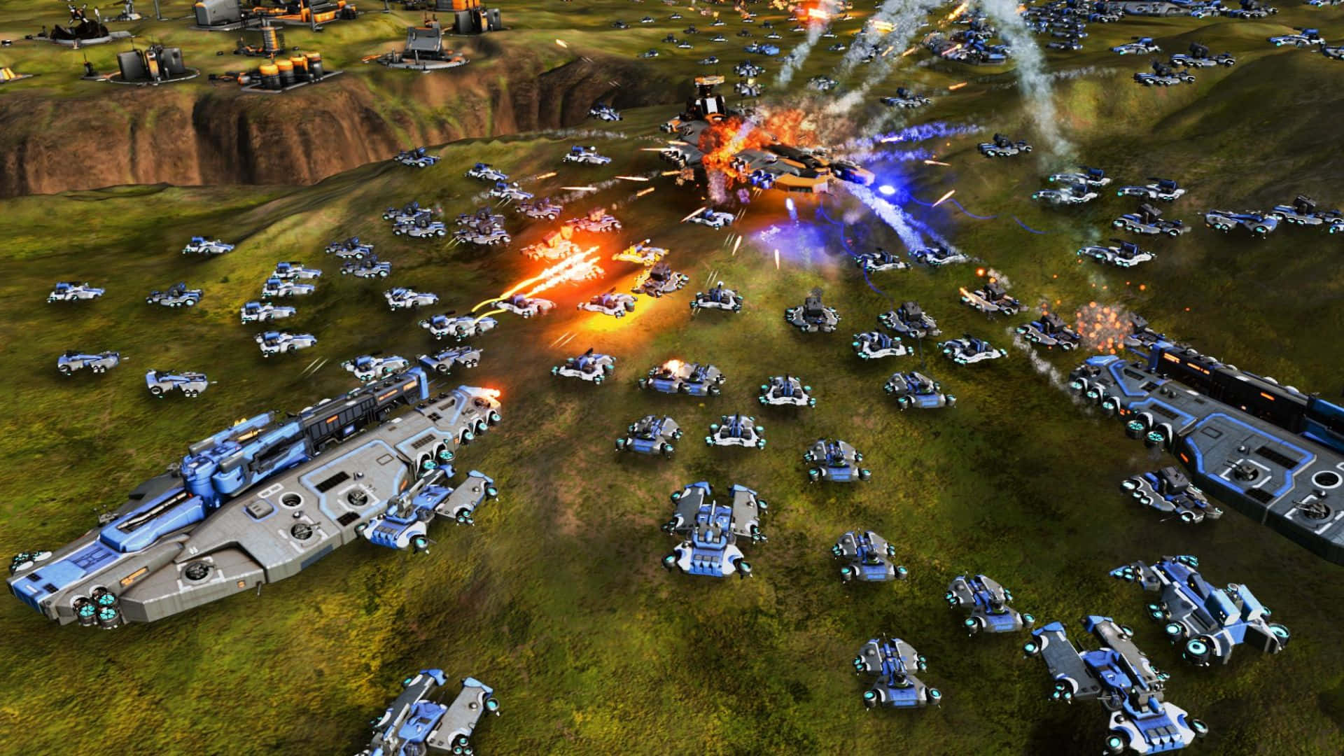 全新策略遊戲《奇異終結》 壁紙 — 未來裝甲車和軍艦在草地上激烈戰鬥的鳥瞰圖，伴有爆炸和能量光束。