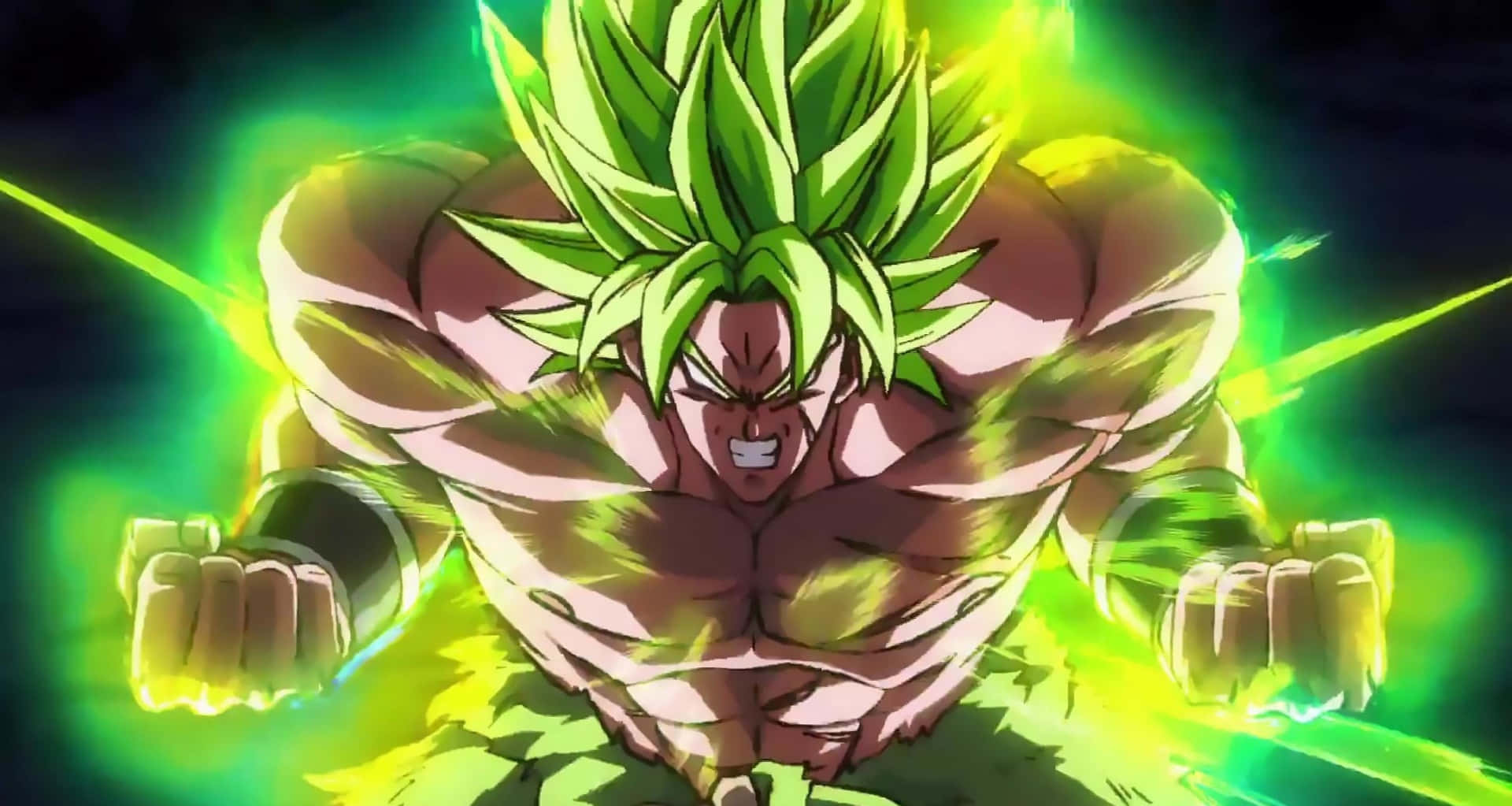 全新電影——《龍珠超：布羅利》 壁紙 — 一個肌肉發達、擁有尖刺綠色頭髮的動漫戰士，在動態戰鬥姿勢中散發出強烈的綠色能量。
