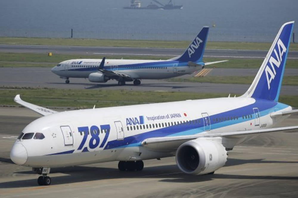 全日空 787 日本客機 壁紙 — 兩架ANA波音787夢幻客機在機場停機坪上，背景是海洋和晴朗的天空。