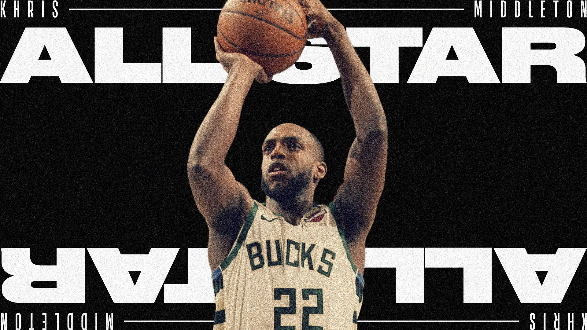 全明星 Khris Middleton 壁紙 — 籃球運動員Khris Middleton身穿公鹿隊球衣，在黑色背景上以粗體白色「ALL STAR」文字投籃。