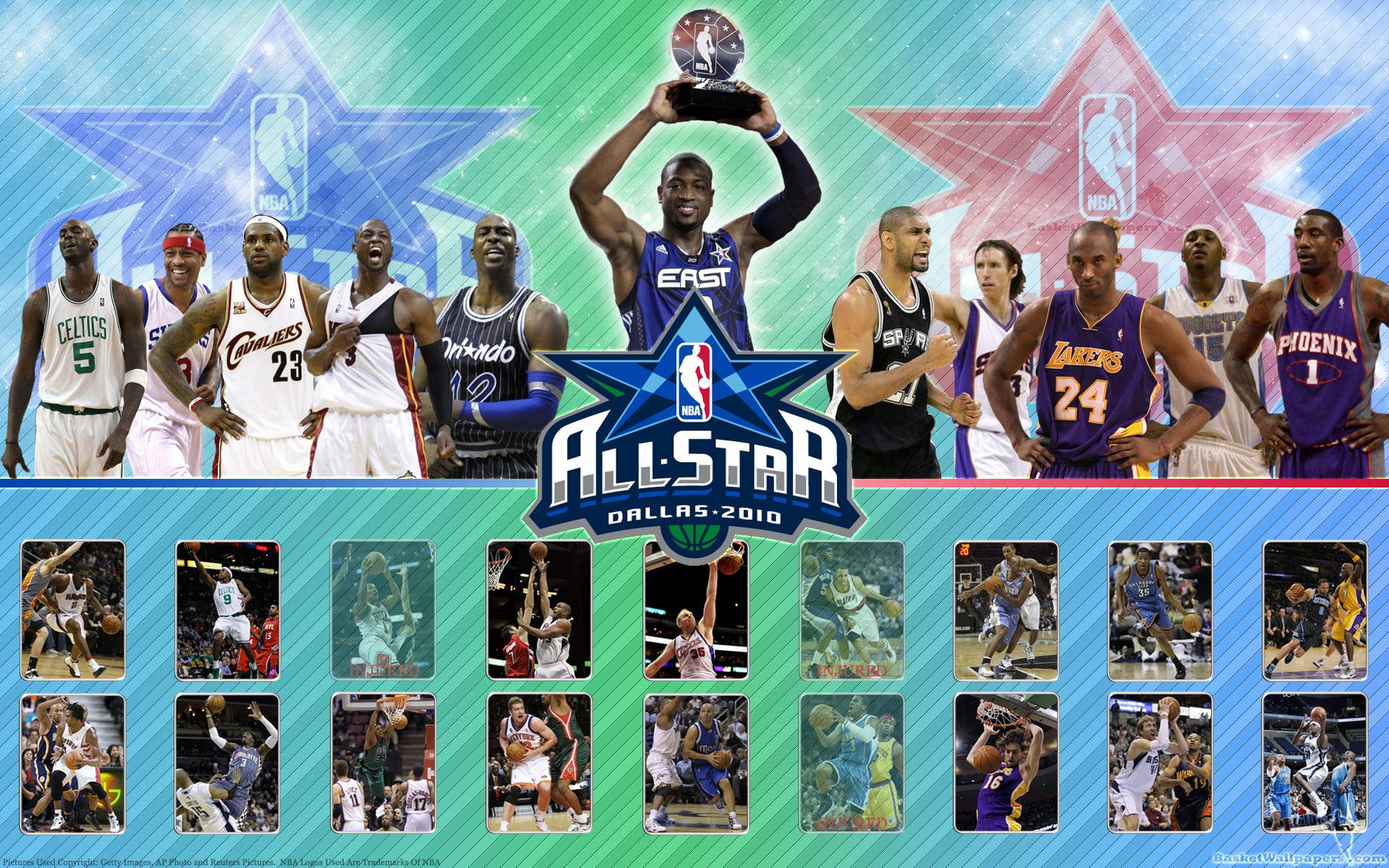 全明星達拉斯籃球隊 壁紙 — NBA 全明星 2010 壁紙，東岸和西岸球隊球員與獎盃和下方動作鏡頭合影。