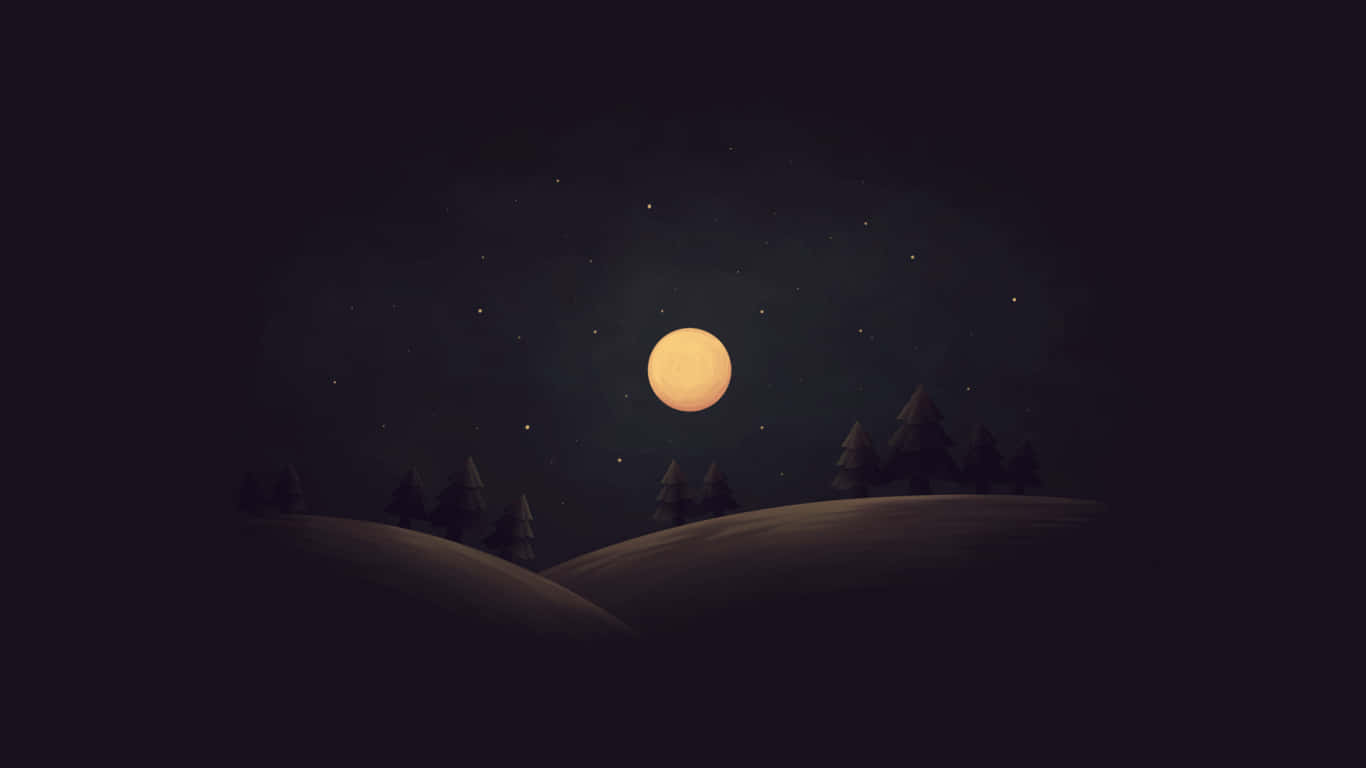 在發光的月亮和星空下，松樹點綴的起伏山丘。