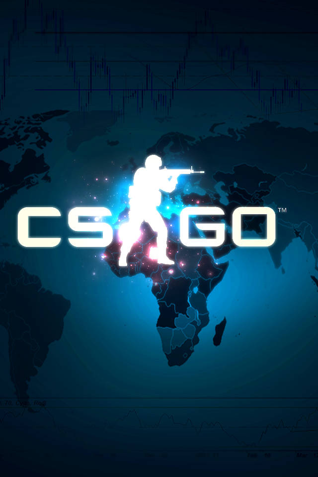 CS:GO標誌，帶有發光玩家剪影，覆蓋在世界地圖和股票圖表上。