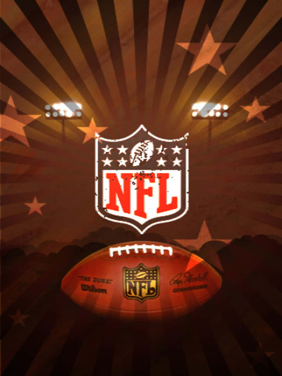 NFL標誌和足球在體育場燈光下，帶有星爆背景。