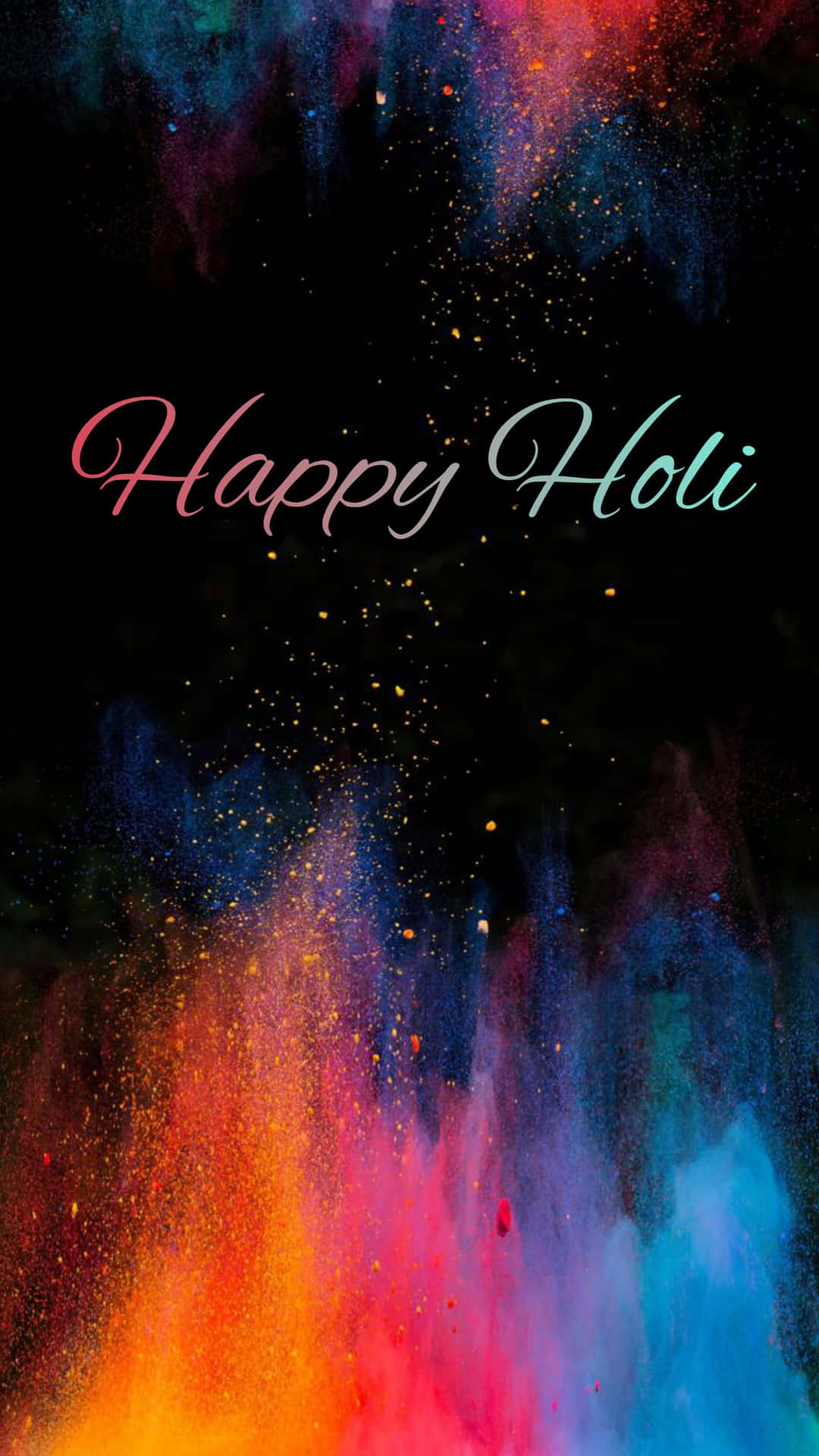 色彩繽紛的 Holi 粉末爆炸，'Happy Holi' 文字以粉彩字體發光。