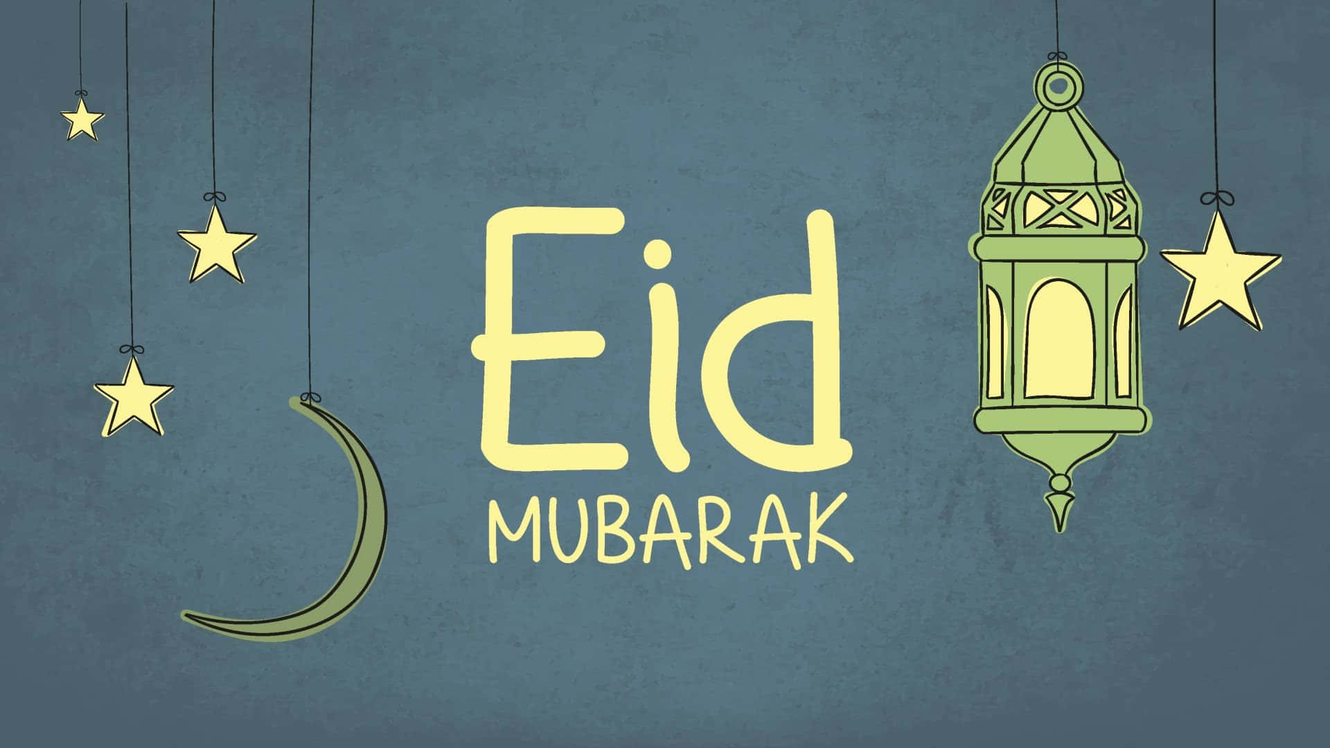 藍色背景上懸掛著星星、月亮和燈籠的 Eid Mubarak 祝福語。