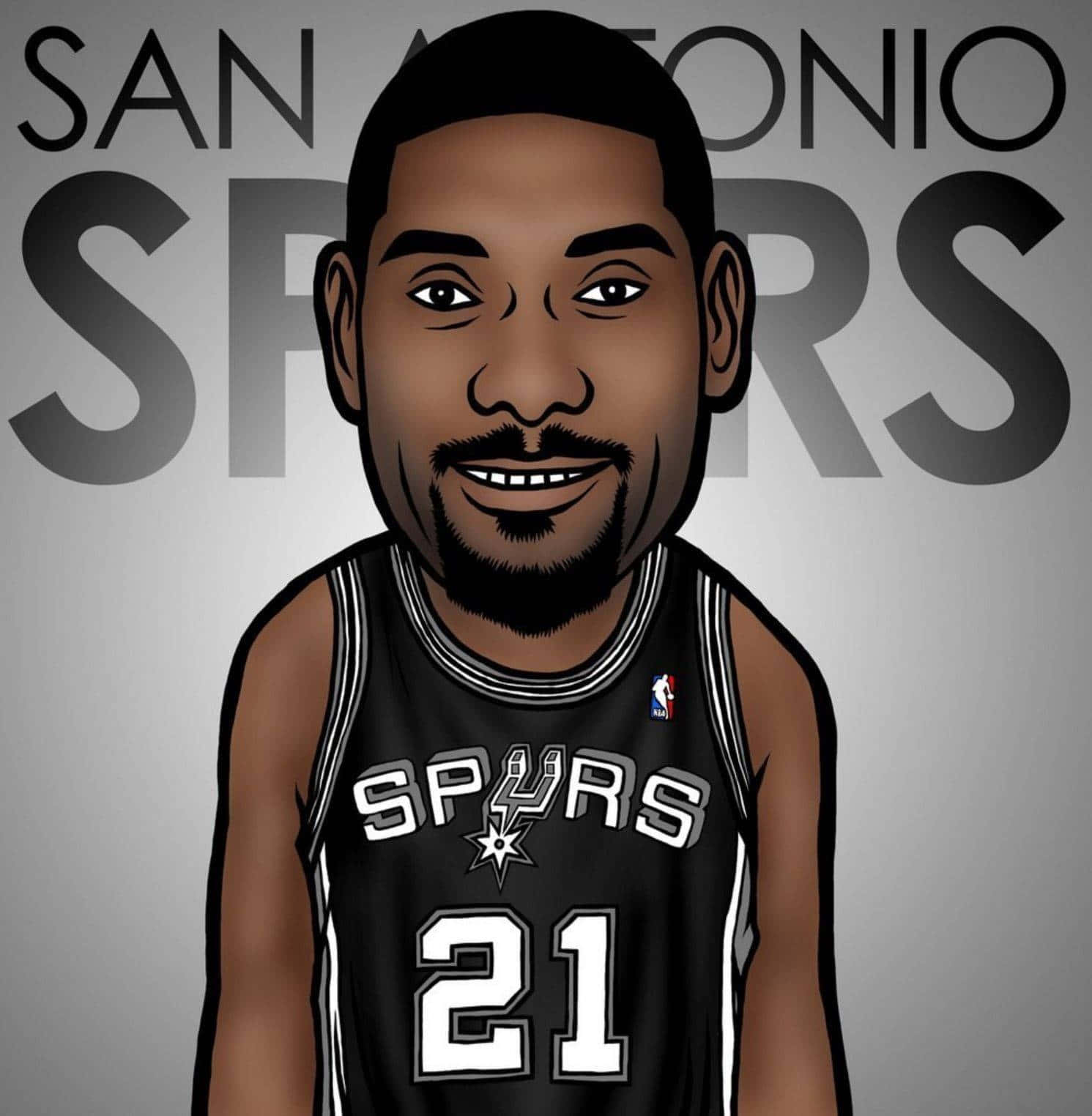 全球各地，NBA的熱潮持續攀升！ 壁紙 — 卡通插圖，描繪一名微笑的籃球運動員，身穿聖安東尼奧馬刺隊21號球衣，背景為灰色。