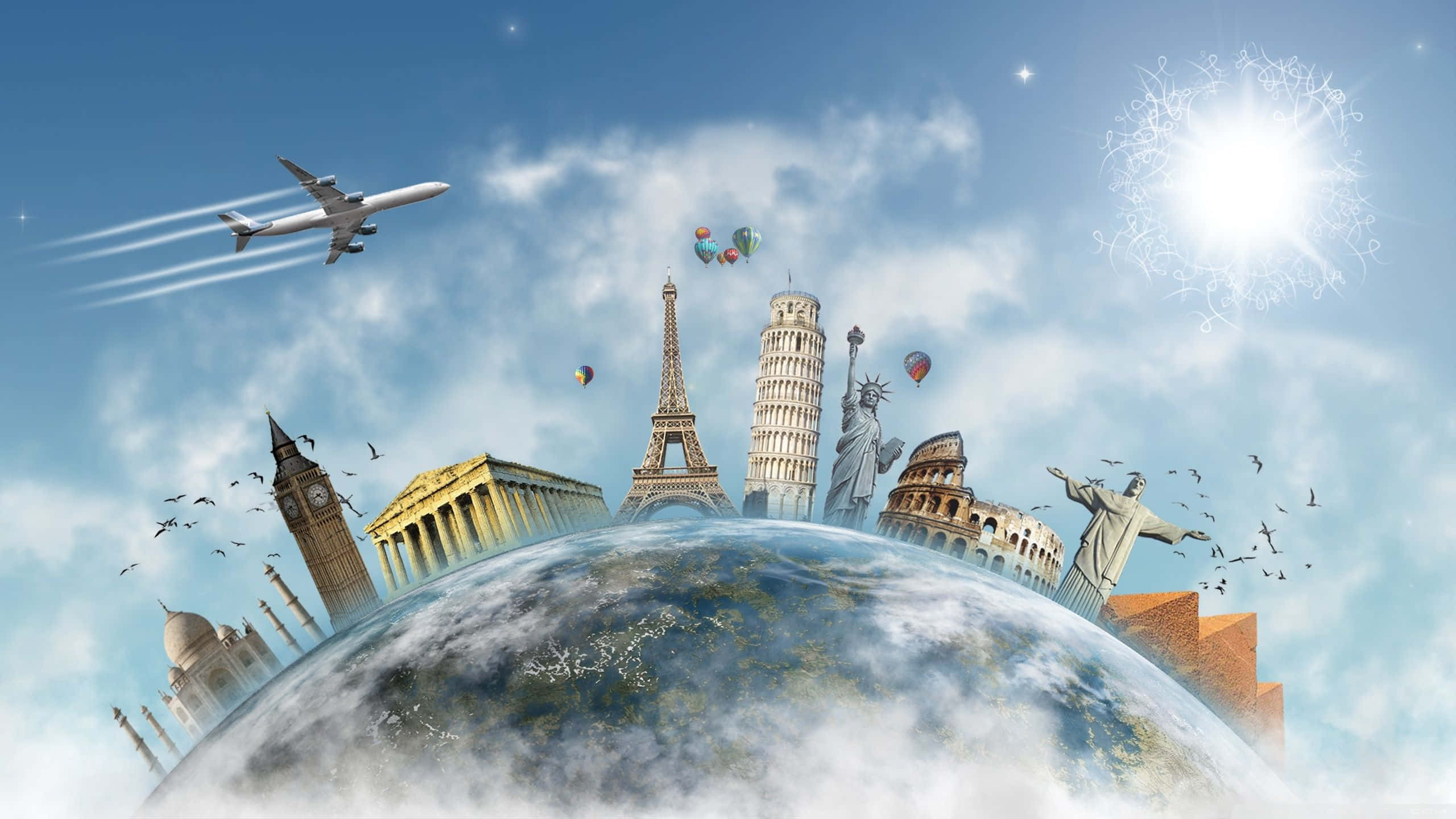 3d Travel 桌布 壁紙 — 全球地標從彎曲的地球上升起，在明亮的藍天下，有飛機和熱氣球飛過。