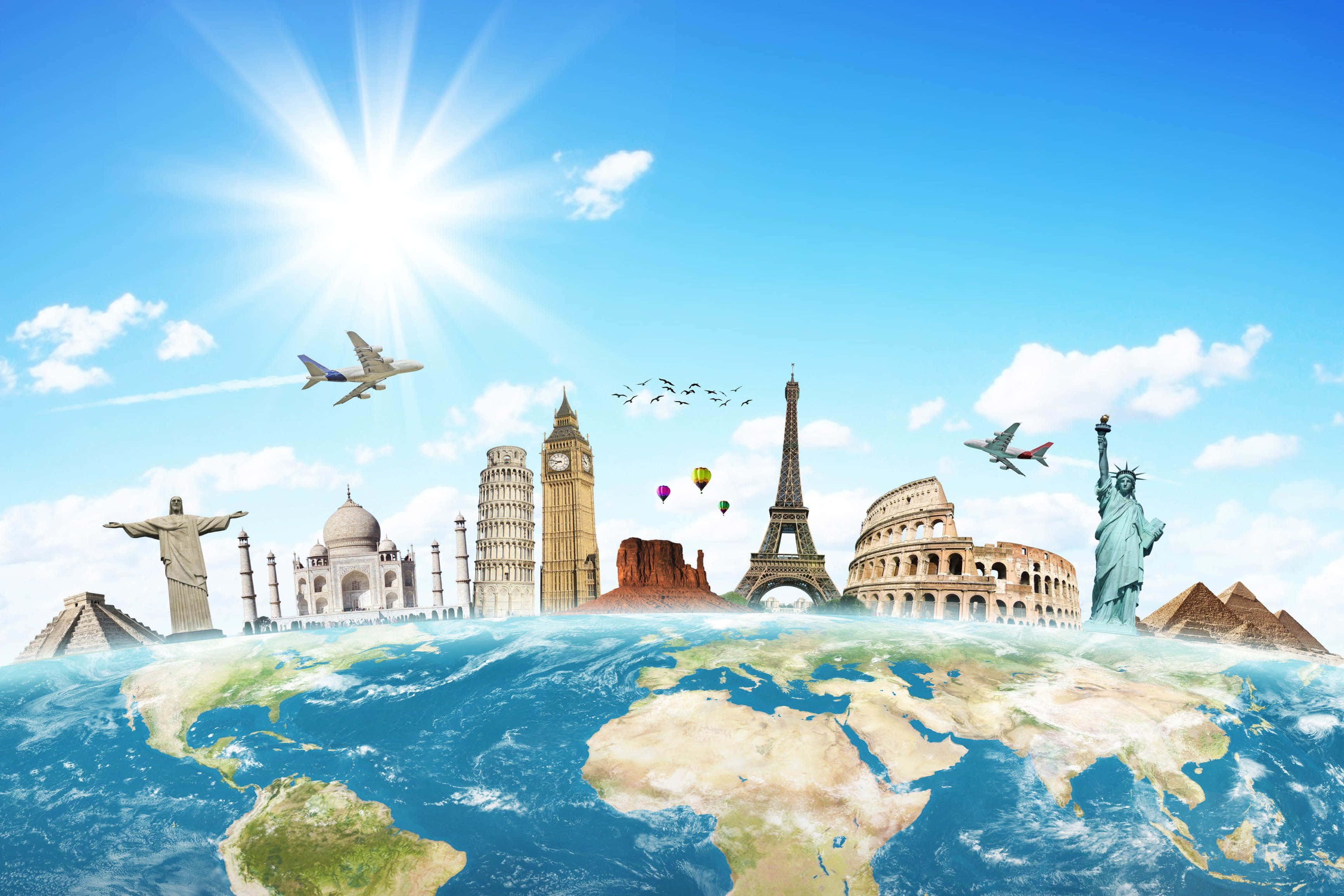 3d Travel 桌布 壁紙 — 全球地標從藍色星球升起，在明亮的太陽下，飛機和熱氣球在頭頂飛翔。