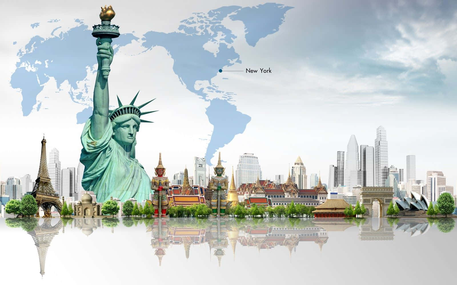 3d Travel 桌布 壁紙 — 全球地標漂浮在水面上，背景為世界地圖，突出紐約。