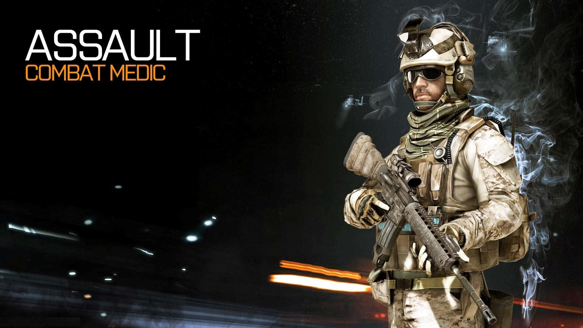 身穿沙漠裝備的戰地醫護兵在煙霧和燈光下的黑暗戰場中手持步槍。