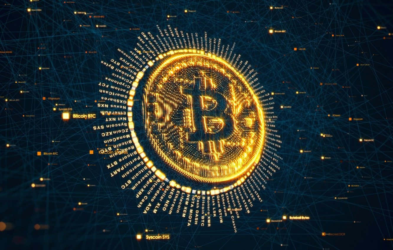 金色比特幣圖標被發光的數碼節點和加密貨幣名稱包圍。