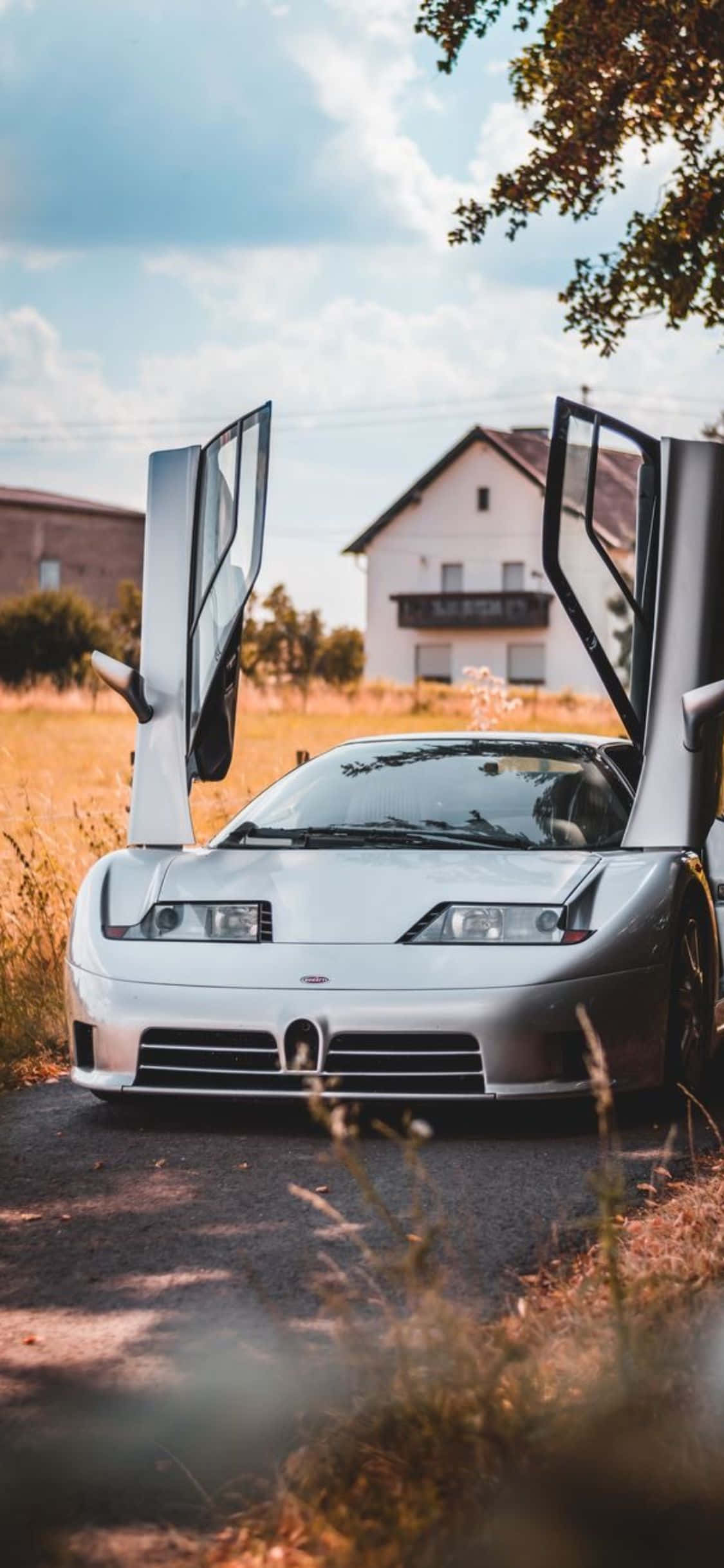 全球最昂貴的智慧手機 壁紙 — 一輛銀色Bugatti打開鷗翼車門，停在鄉村道路上，天空部分多雲，背景有房屋。