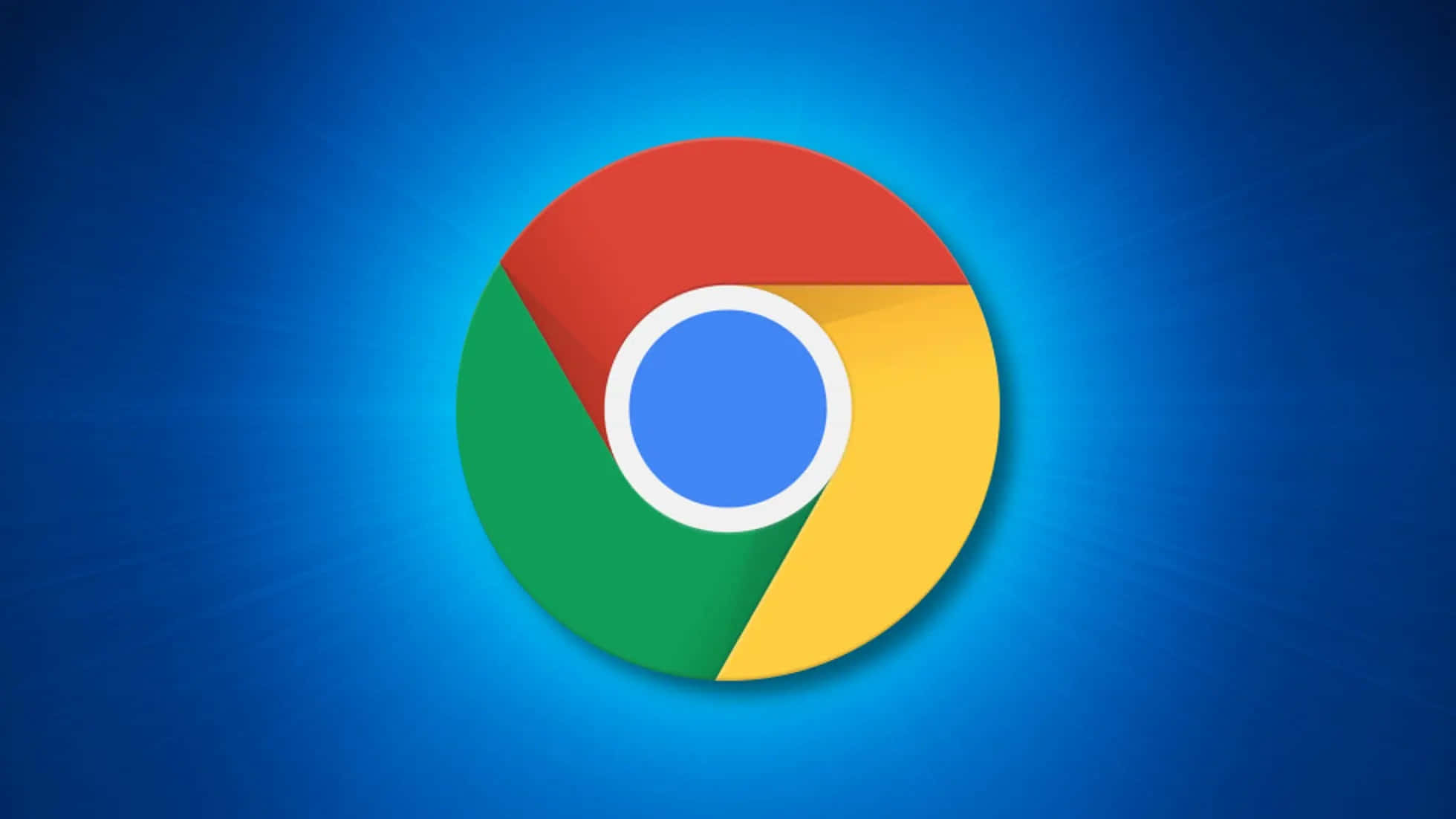 全球最流行搜尋引擎 Google 的註冊商標標誌 壁紙 — Google Chrome 標誌置中於充滿活力的藍色漸變背景上，帶有放射狀光線。