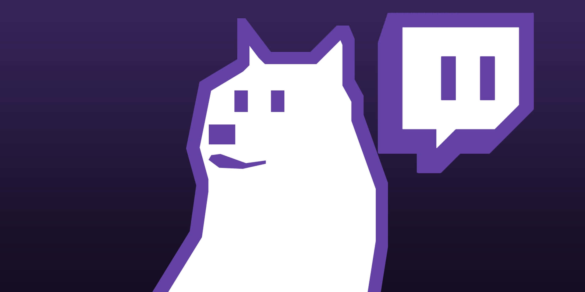 白色 Doge 吉祥物帶紫色輪廓，旁邊是 Twitch 標誌，深色背景