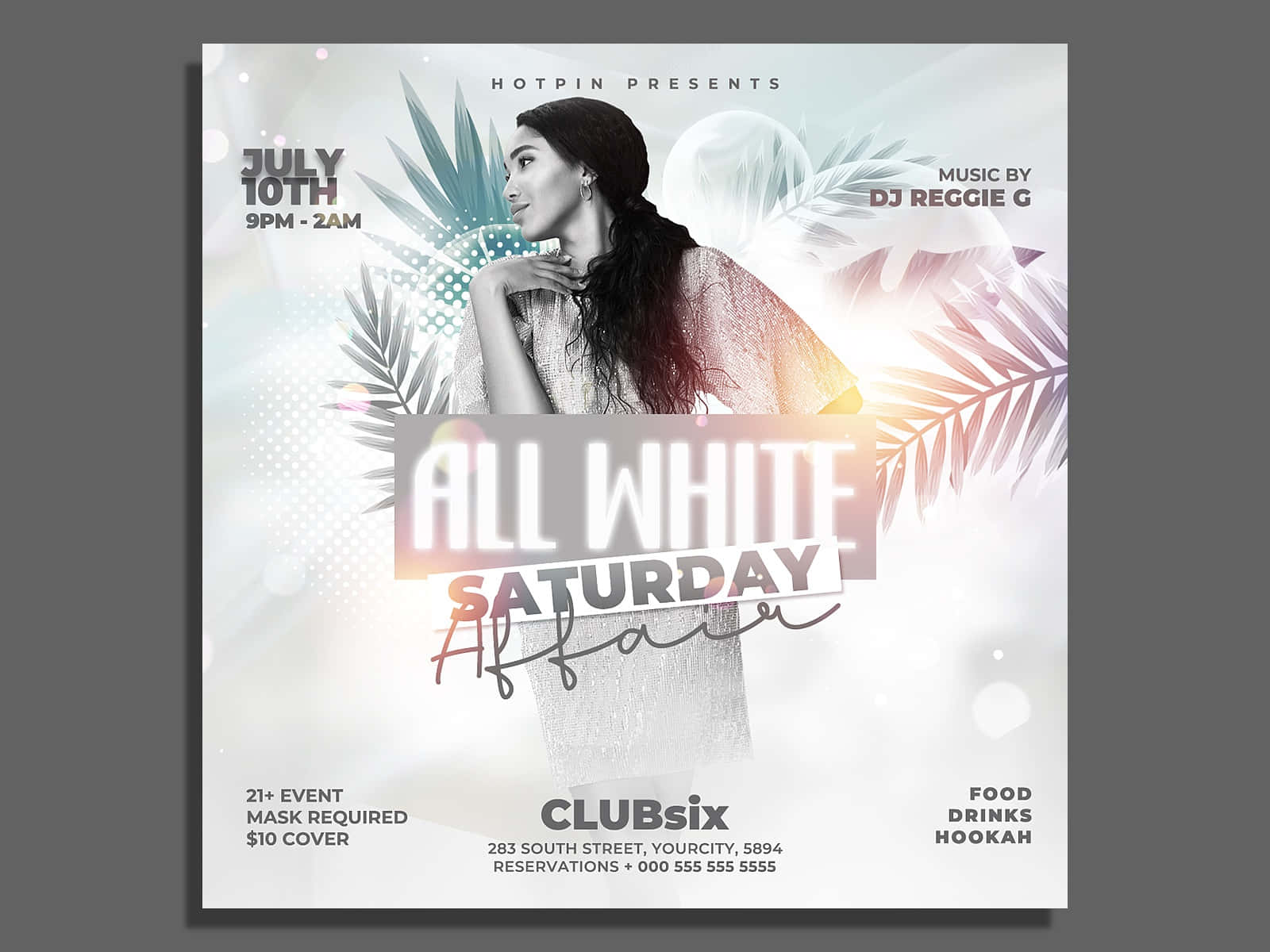 Clubsix 的 All White Saturday 活動傳單， featuring 一位穿白色衣服的女性、熱帶葉子和發光效果。