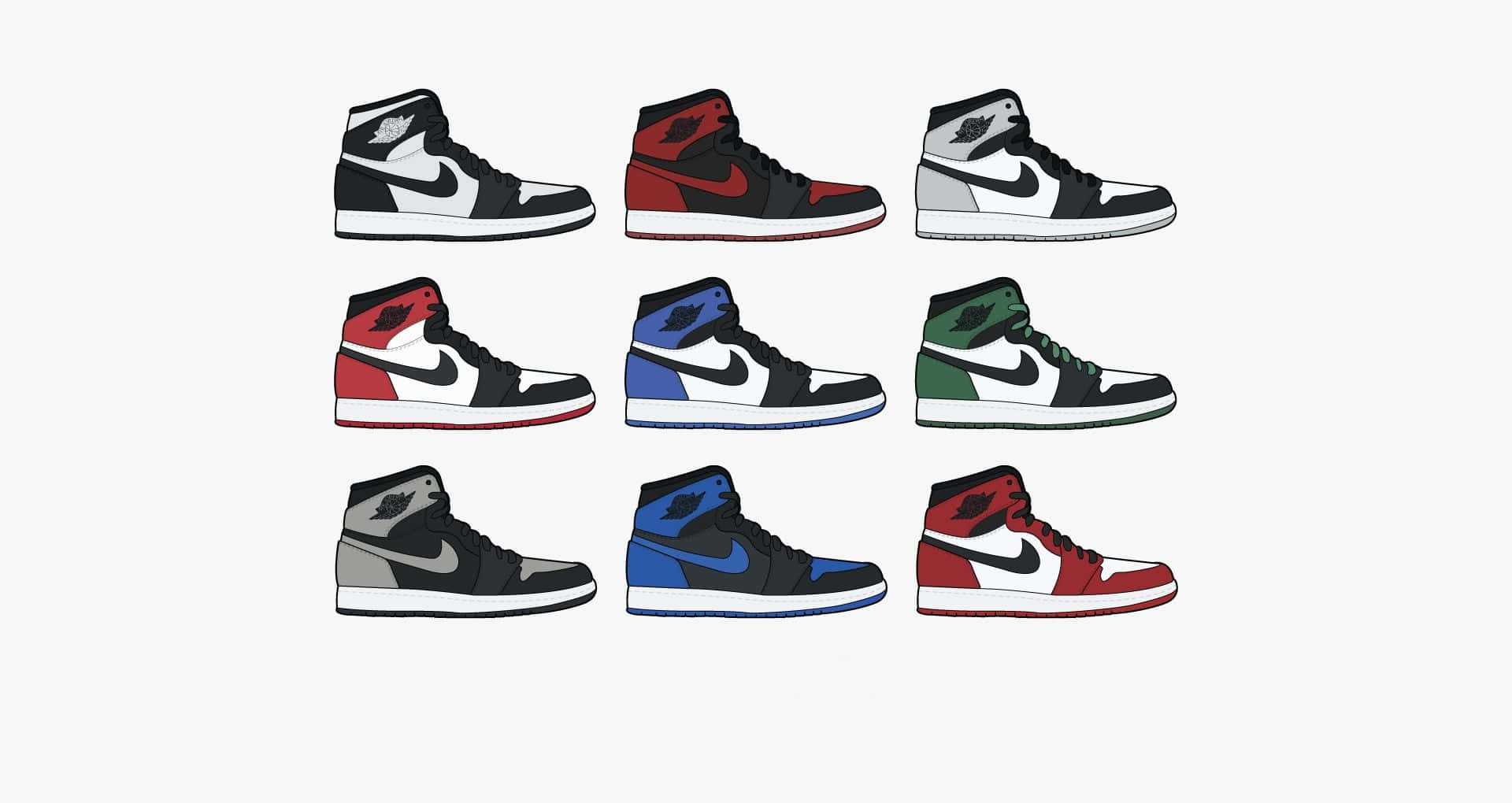 九款不同顏色組合的Air Jordan 1運動鞋排列在網格中。