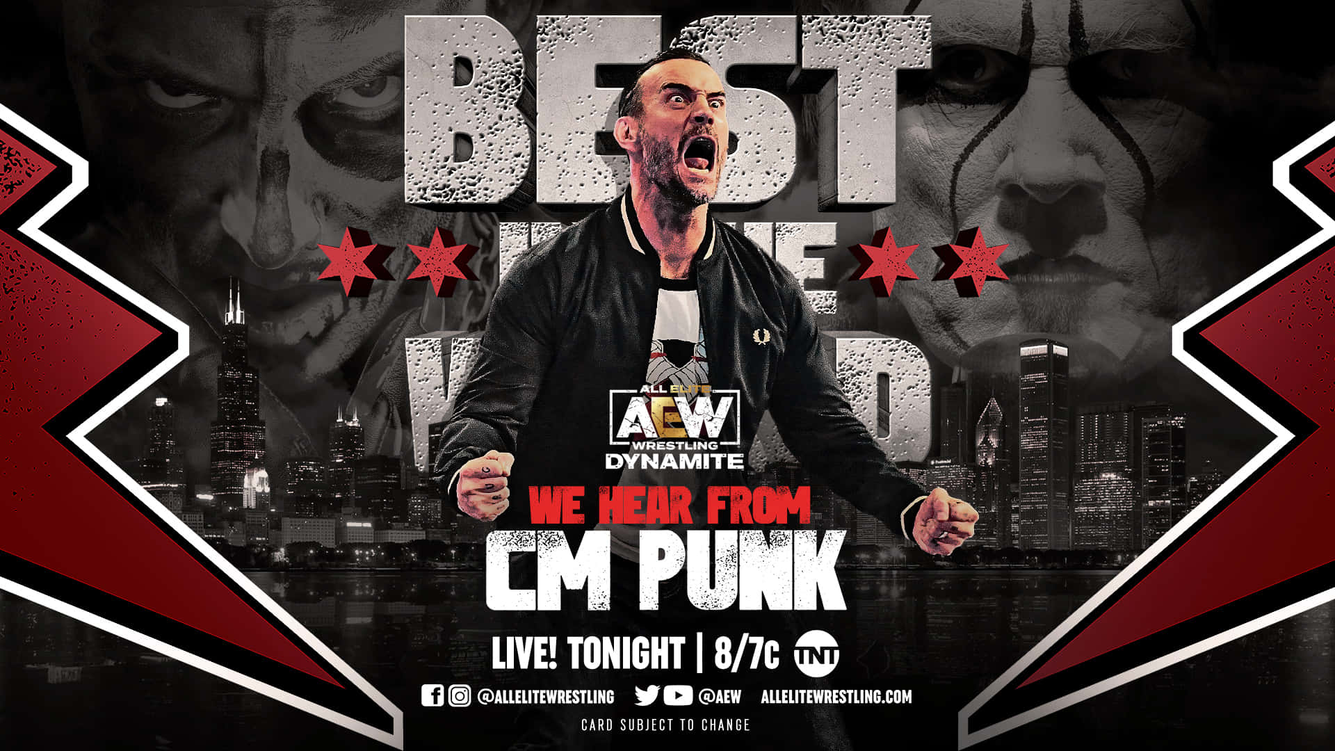 全精英摔角——締造歷史，突破界限 壁紙 — CM Punk 身穿黑色外套，在城市天際線背景下咆哮，帶有 AEW Dynamite 品牌標誌和威脅性的面部疊加。