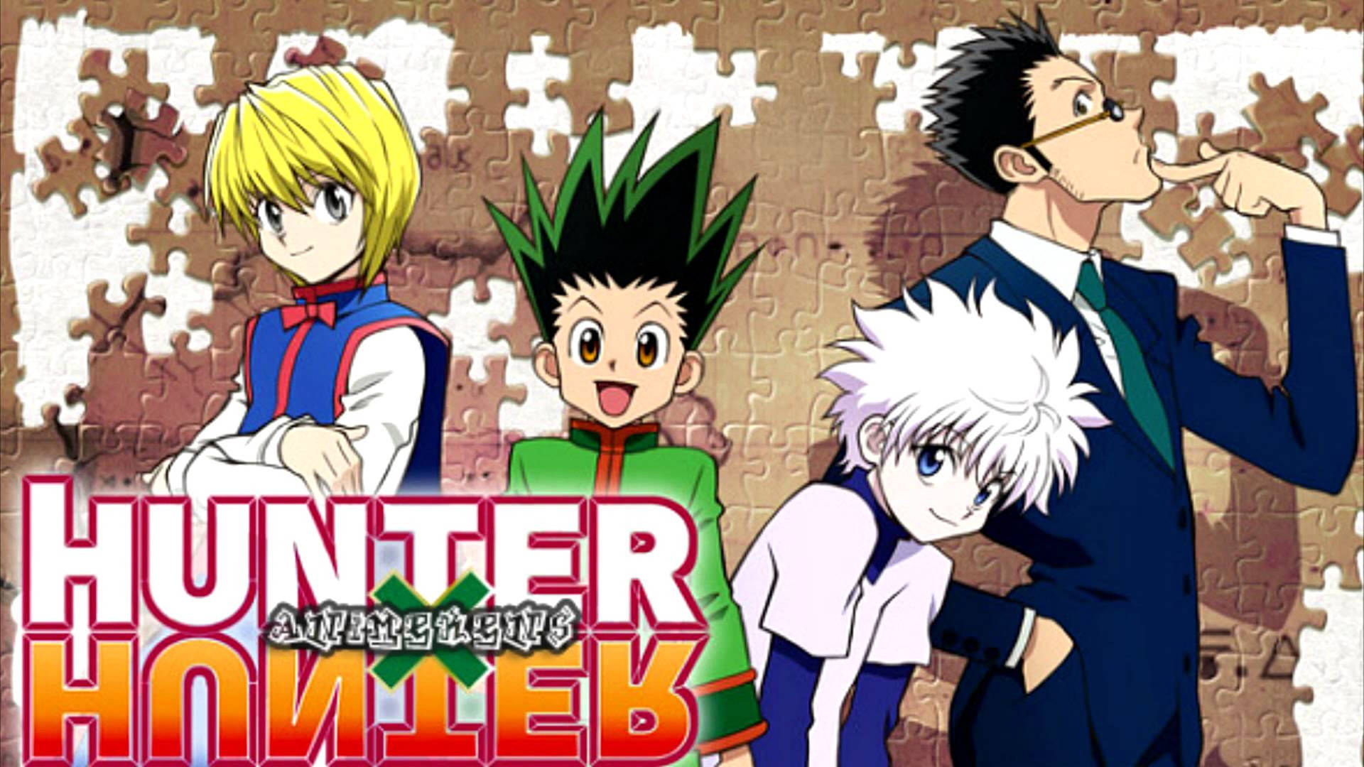 四個來自《Hunter x Hunter》的動漫角色在拼圖背景前擺姿勢，並顯示節目名稱。
