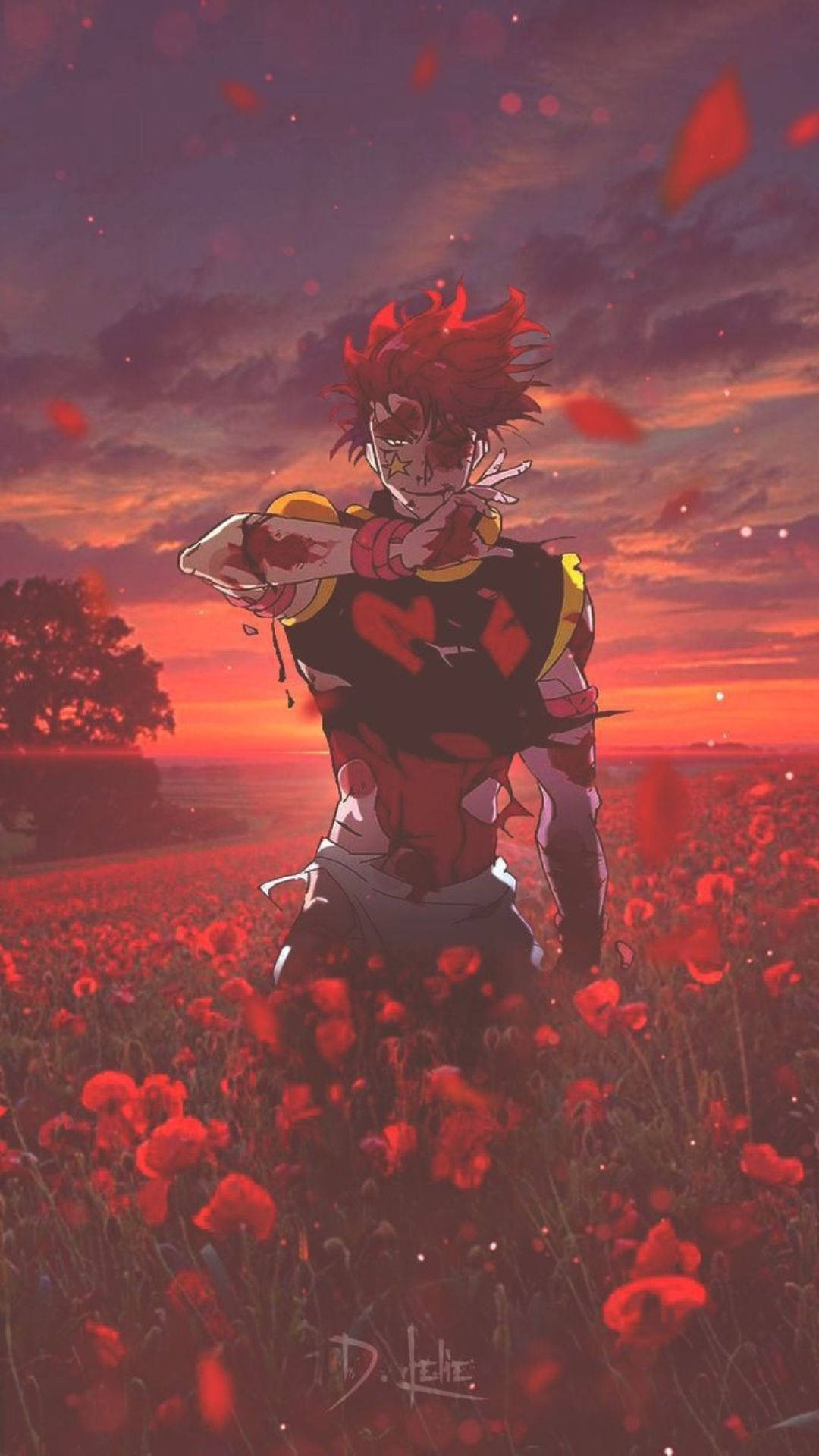 夕陽下紅色罌粟花田中的動漫戰士，手和臉沾滿鮮血