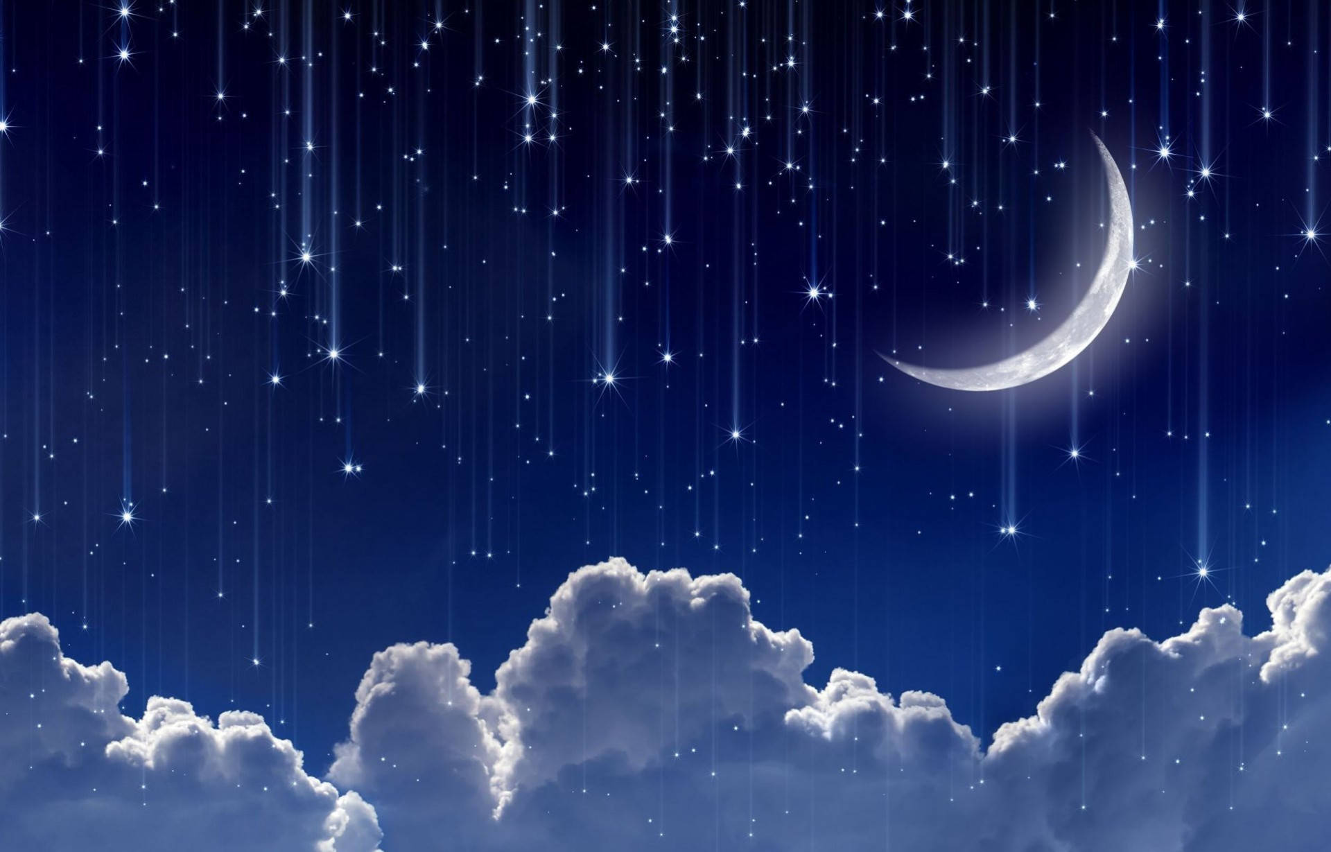 全螢幕高清月亮與繁星 壁紙 — 寧靜的夜空，一彎新月和閃爍的星星如瀑布般落在蓬鬆的白雲上。
