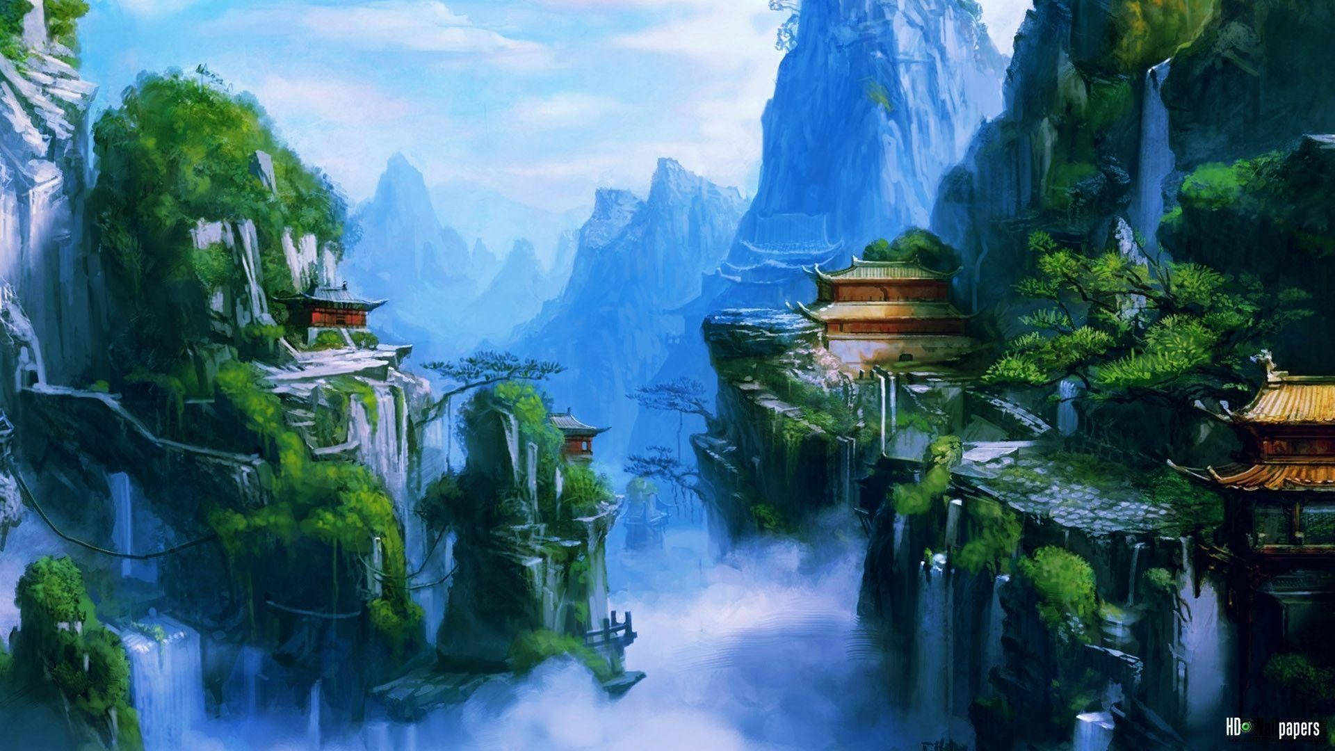 全螢幕高清震撼自然風景 壁紙 — 古老的東方寺廟坐落在雲霧繚繞的懸崖頂峰，周圍環繞著層疊瀑布和茂密的綠植。
