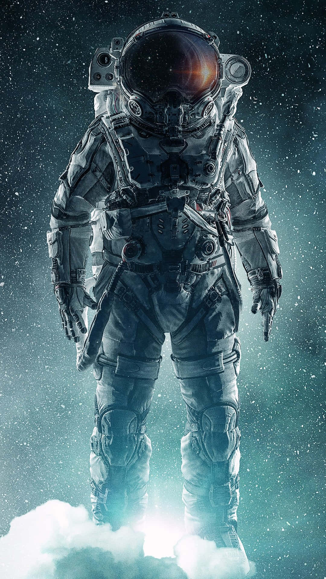 太空人穿著太空衣站在繁星宇宙中的發光雲層上。