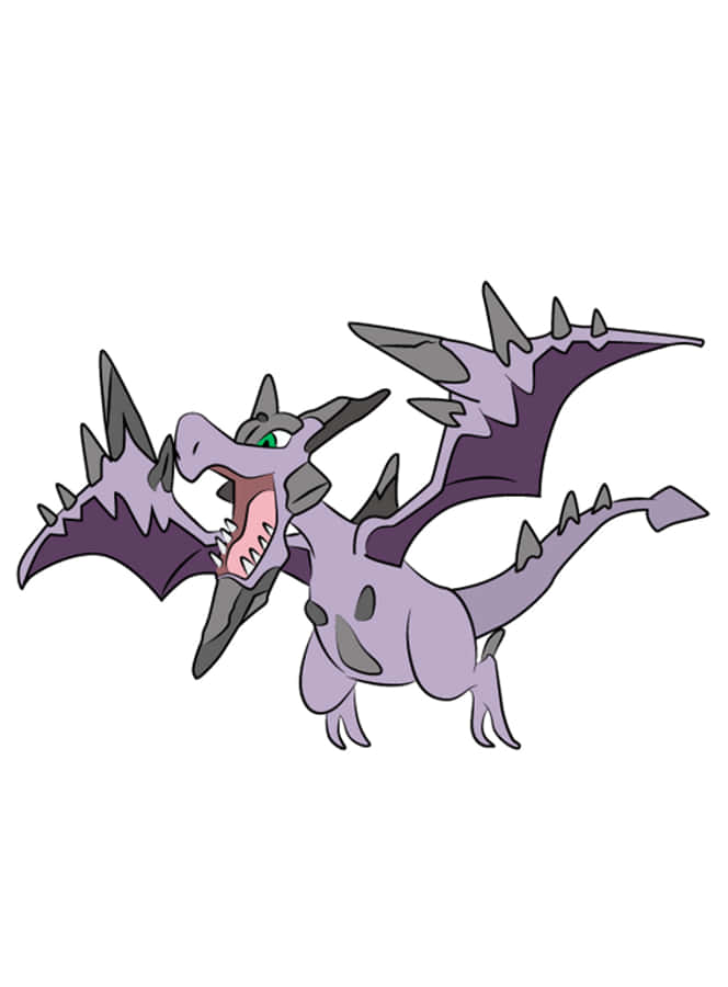全貌咆哮的超進化 Aerodactyl 壁紙 — 一隻紫色嘅龍，有尖刺翅膀同綠色眼睛，喺純白色背景上挑釁咁咆哮。