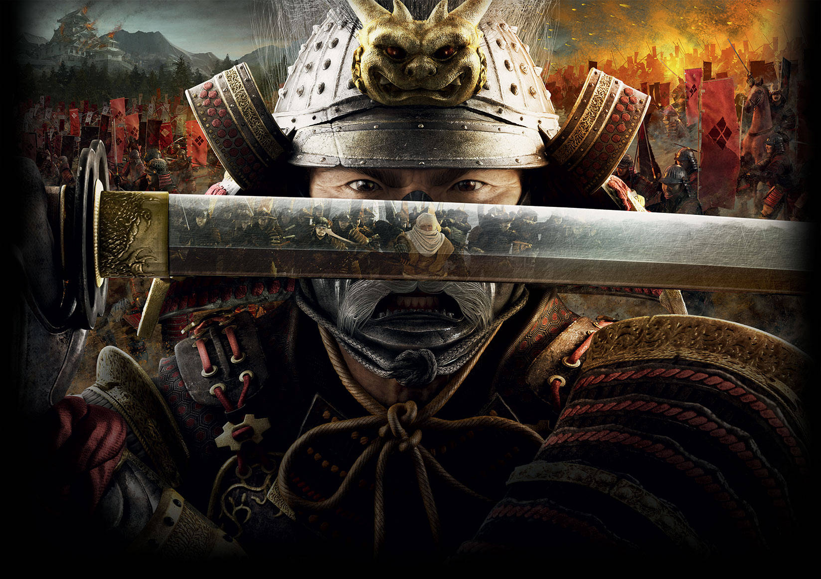 《全面戰爭：幕府2》武士拔刀 壁紙 — 一位兇猛的武士穿著華麗盔甲，緊握著武士刀，他銳利的目光穿透刀刃，身後是烈火熊熊的戰場。