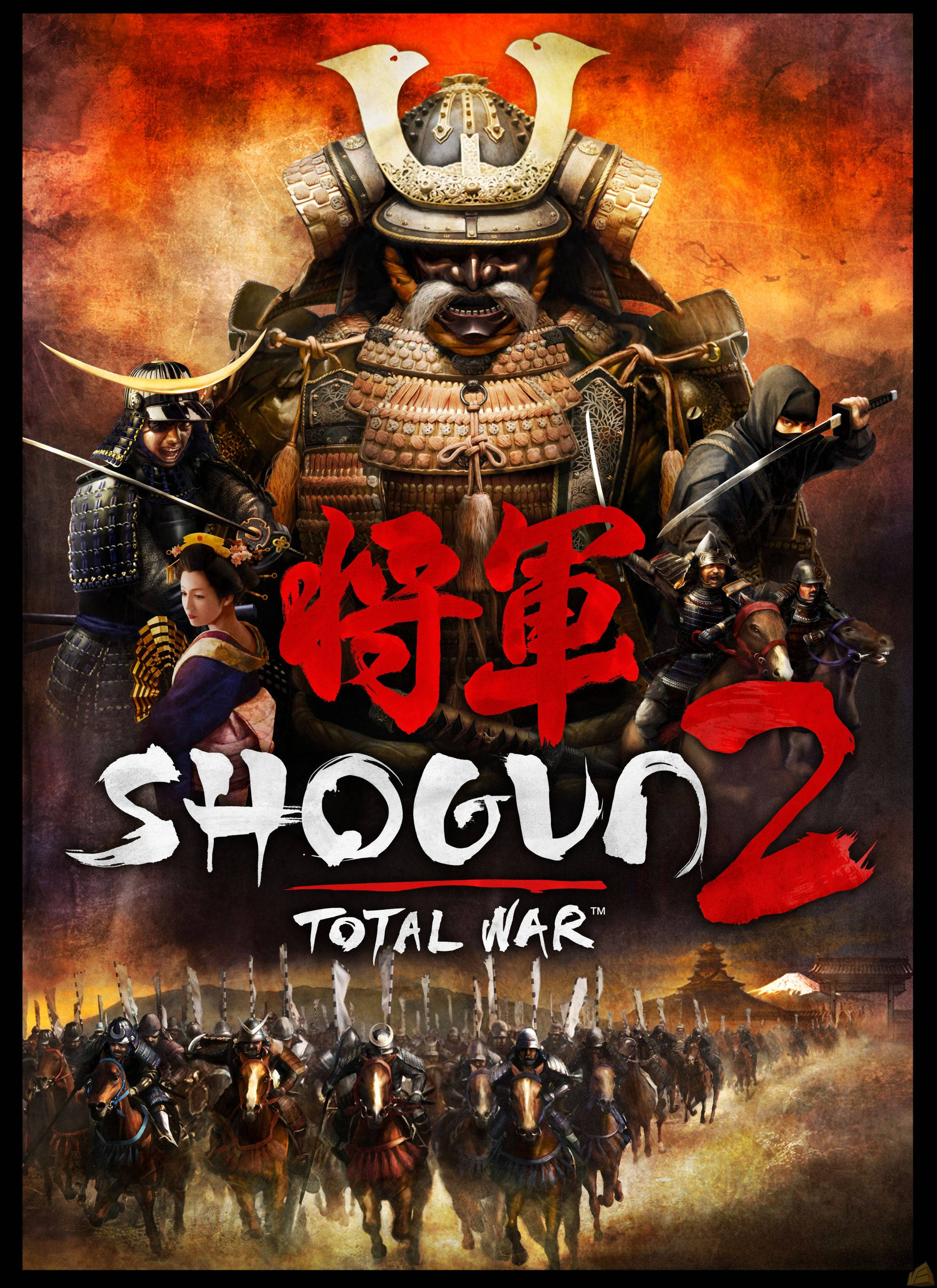《全面戰爭：幕府2》遊戲海報 壁紙 — 一位身穿華麗盔甲的武士武士在火熱的戰場上佔據主導地位，騎兵在粗體紅白遊戲標題文字下衝鋒。