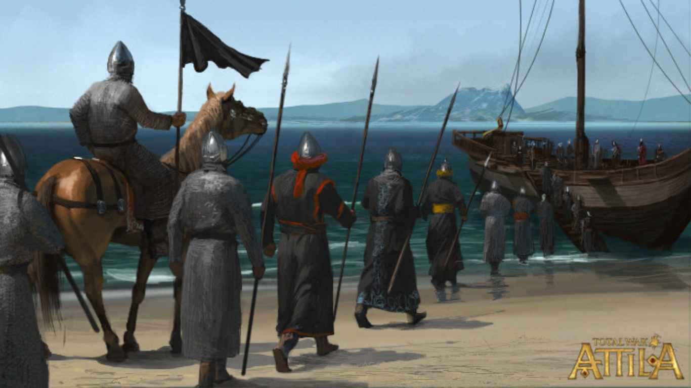 《全面戰爭：阿提拉》1366x768背景圖——戰士們前往船隻 壁紙 — 中世紀身穿盔甲的戰士在陰天之下，向沙灘上的一艘木船行進。