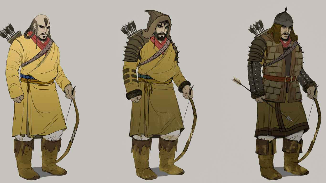 《全面戰爭：阿提拉》1366x768背景圖——多種弓箭手模型 壁紙 — 三個插圖中世紀弓箭手穿著層疊的大地色調盔甲和長袍，排成一排手持弓箭。