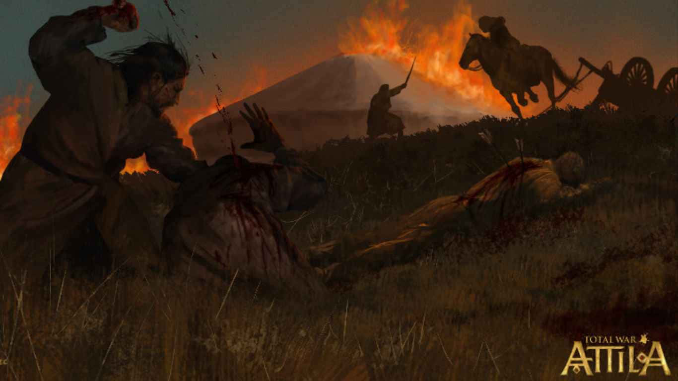 《全面戰爭：阿提拉》1366x768背景圖——草地上戰鬥的男子 壁紙 — 一場血腥的戰鬥在草地上肆虐，戰士們在熾熱的橙色天空下與遠處的山峰交戰。